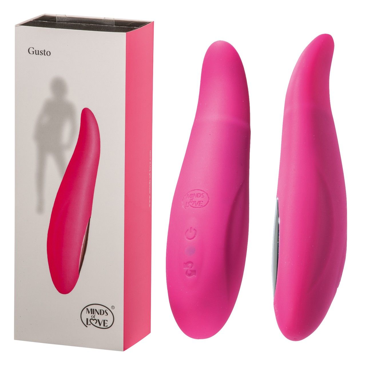 Rosa Vibrator neben Verpackung. Verpackung mit Produktabbildung und Logo. Produktname "Gusto". Logo "MINDS of LOVE".