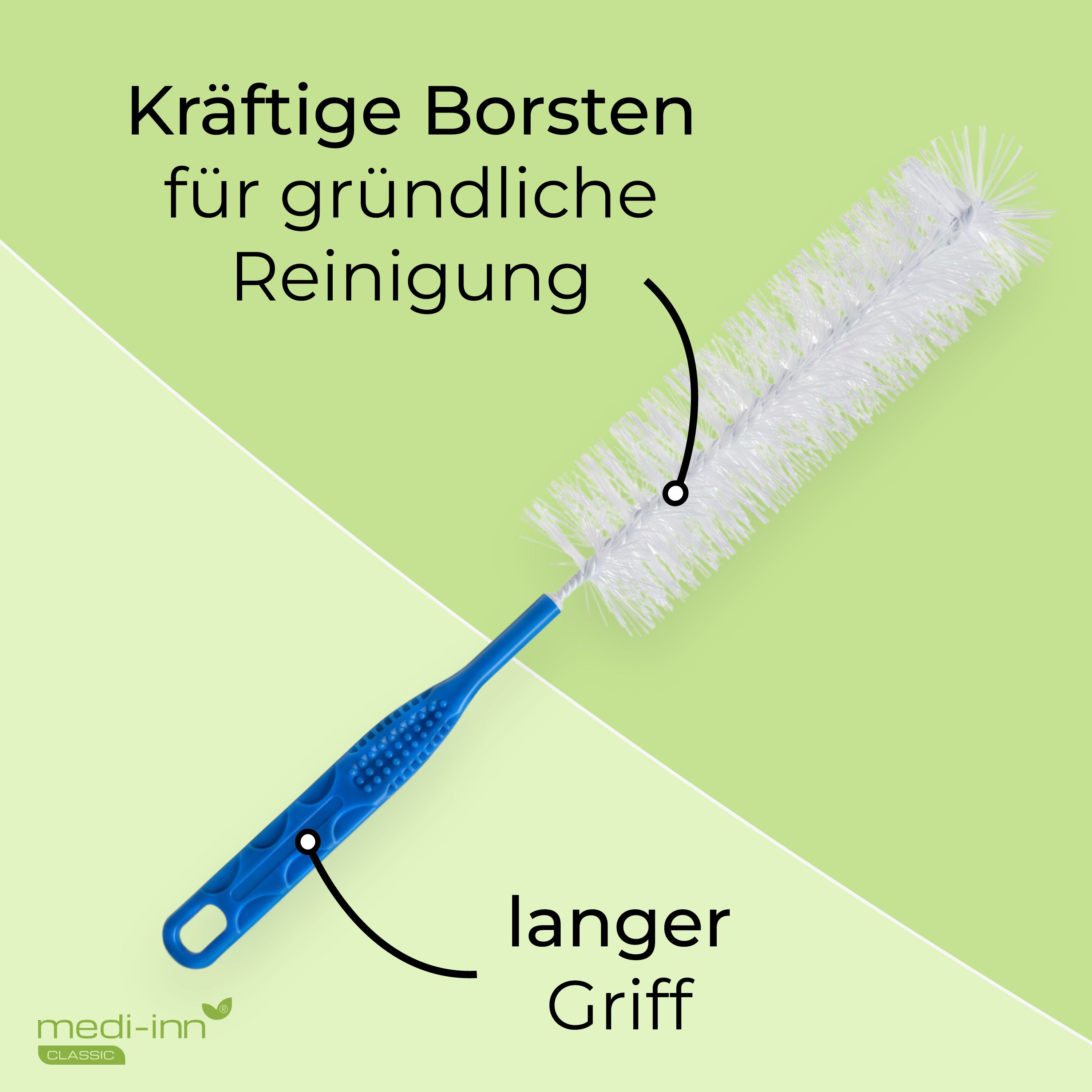Reinigungsbürste für Urinflaschen mit kräftigen Borsten und langem, blauem Griff mit Muster.