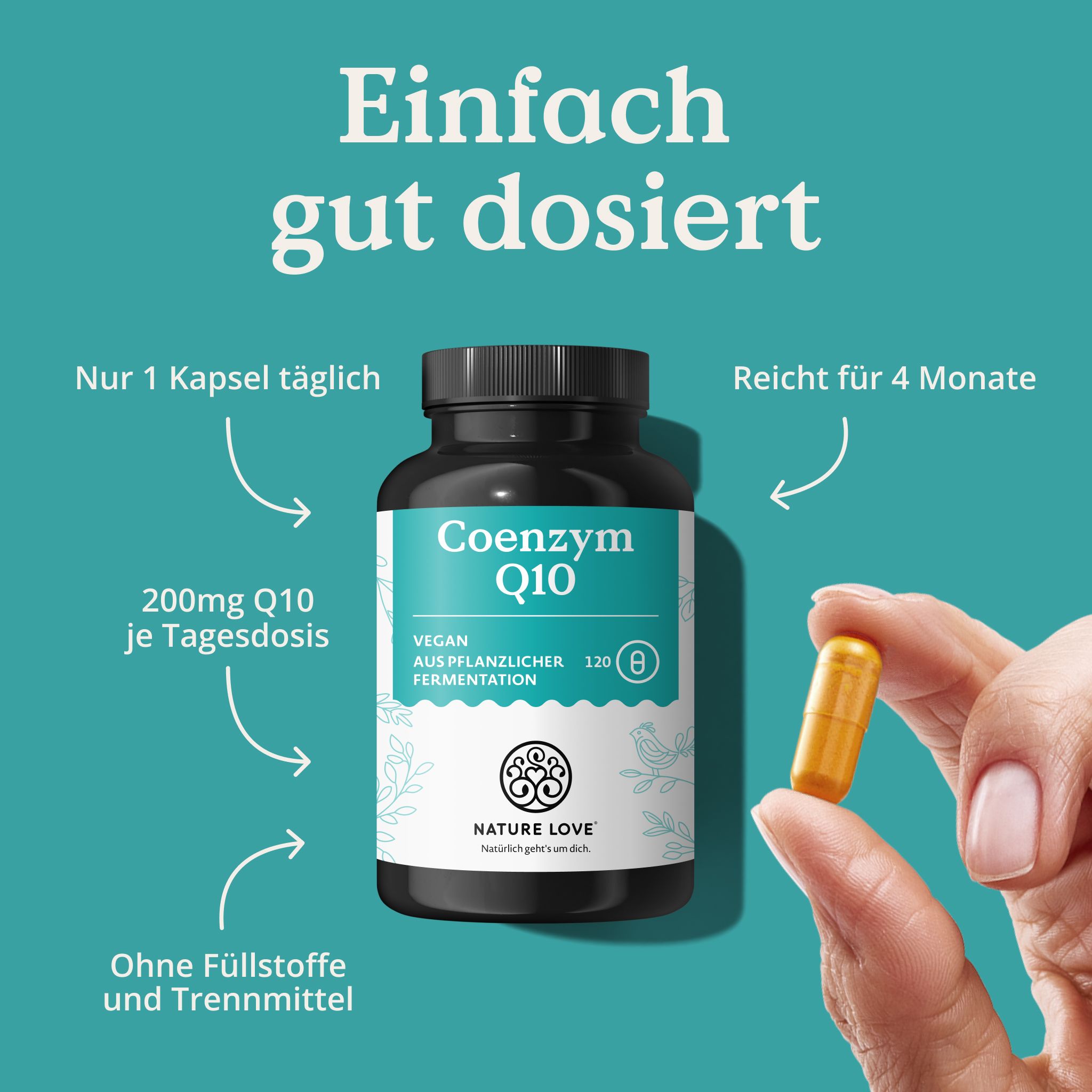 Flasche Coenzym Q10, 200mg pro Kapsel. Hand hält eine Kapsel. Text: 1 Kapsel täglich, 4 Monate Vorrat.
