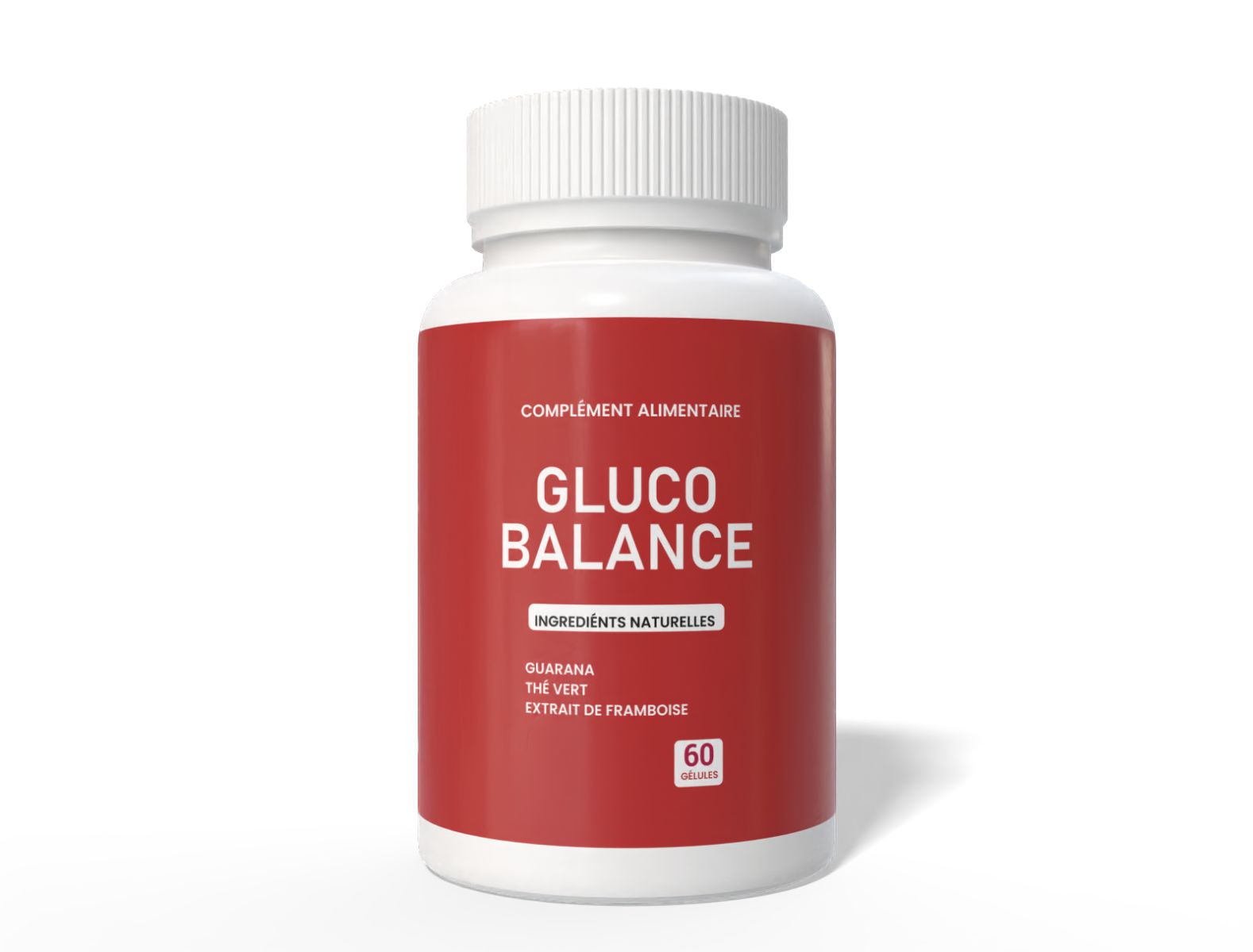 Eine weiße Flasche mit rotem Etikett. Auf dem Etikett steht "GLUCO BALANCE" und "60 Kapseln".