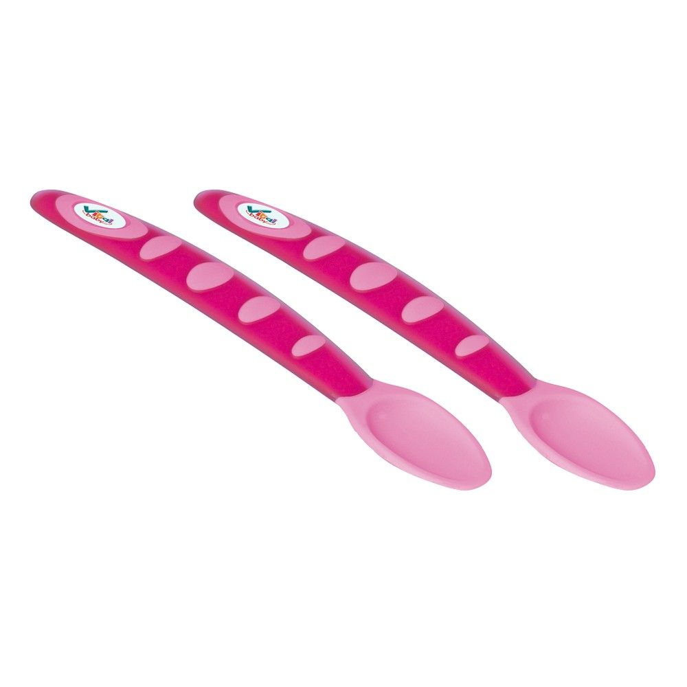 Zwei rosa Baby-Fütterlöffel. Die Griffe sind pink mit weißen Punkten. Die Löffel haben eine ovale Form und sind hellrosa.