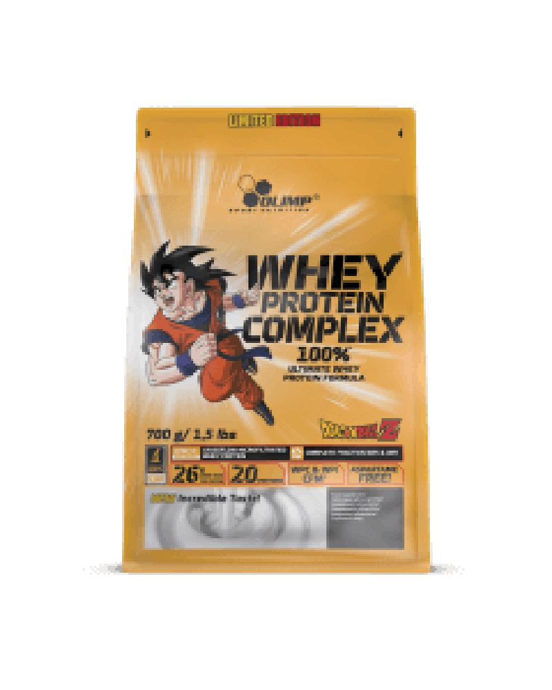 Gelbe Verpackung Olimp Whey Protein Complex 100% mit Dragon Ball Z Motiv.