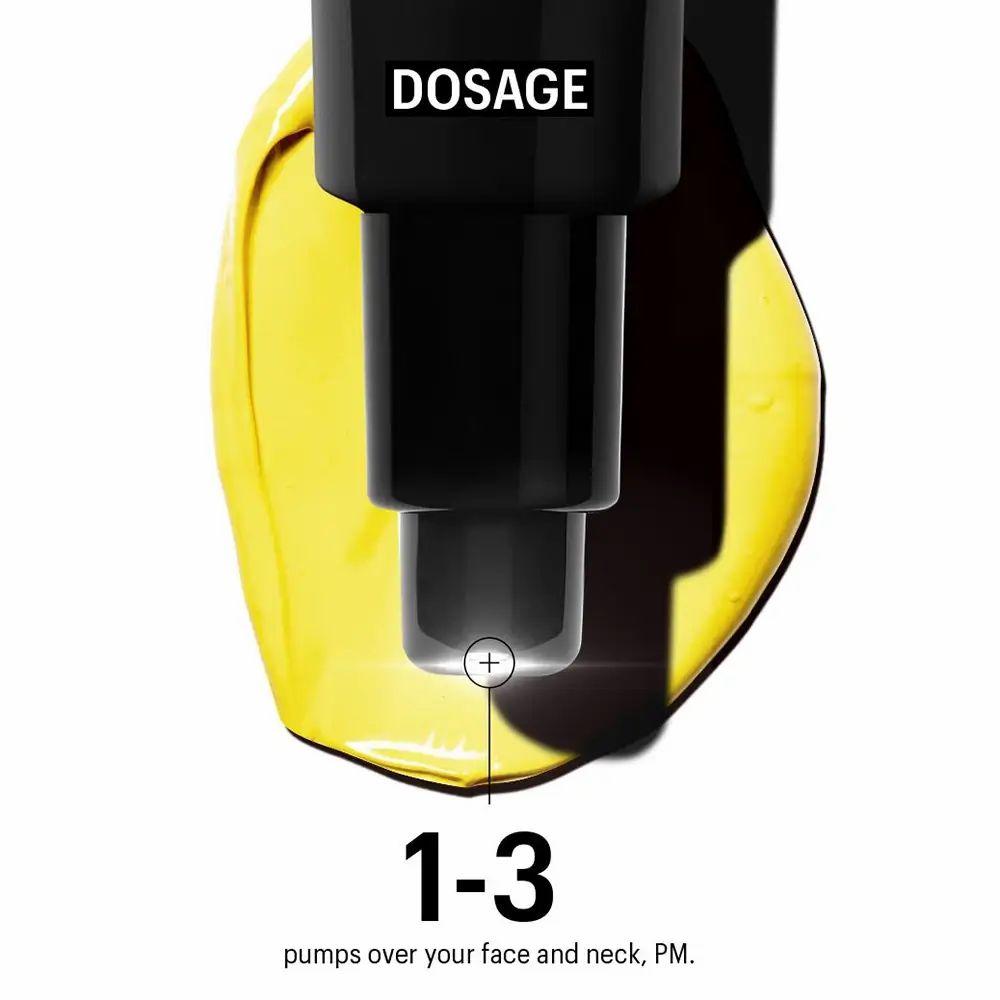 Schwarze Tube mit Dosierungsanweisungen. 1-3 Pumpstöße für Gesicht und Hals, abends.