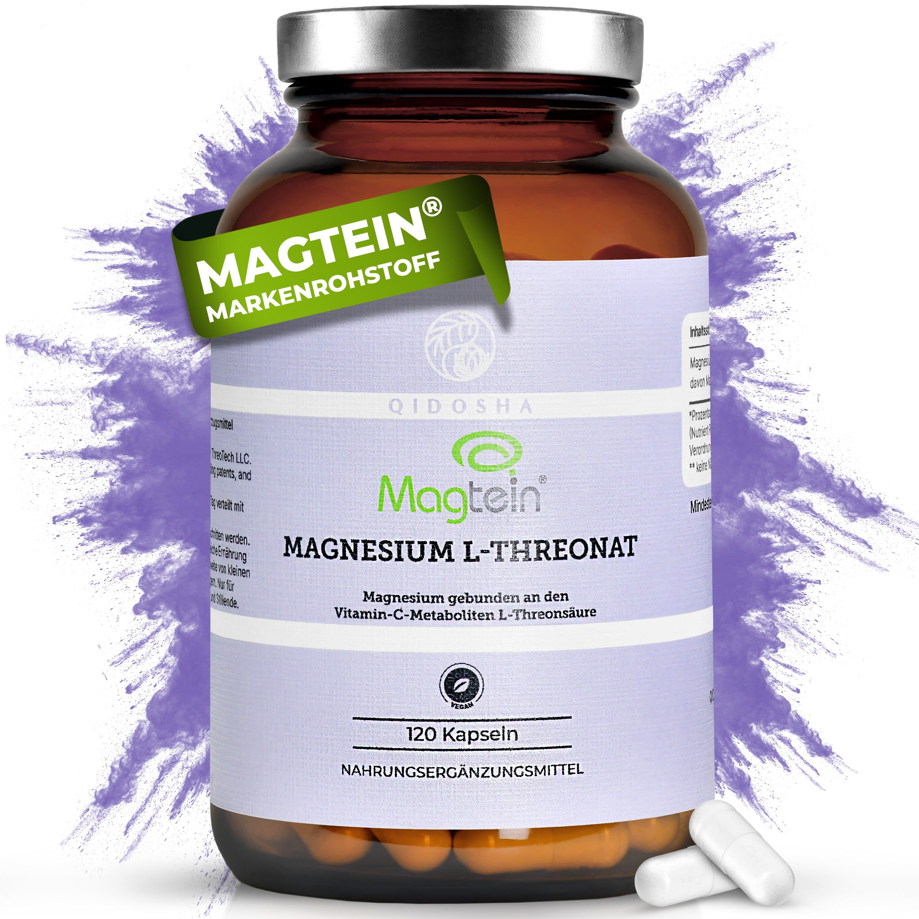 Braune Glasflasche mit Kapseln. Etikett mit Produktnamen und Inhaltsangabe. 120 Kapseln. Magtein®-Logo.