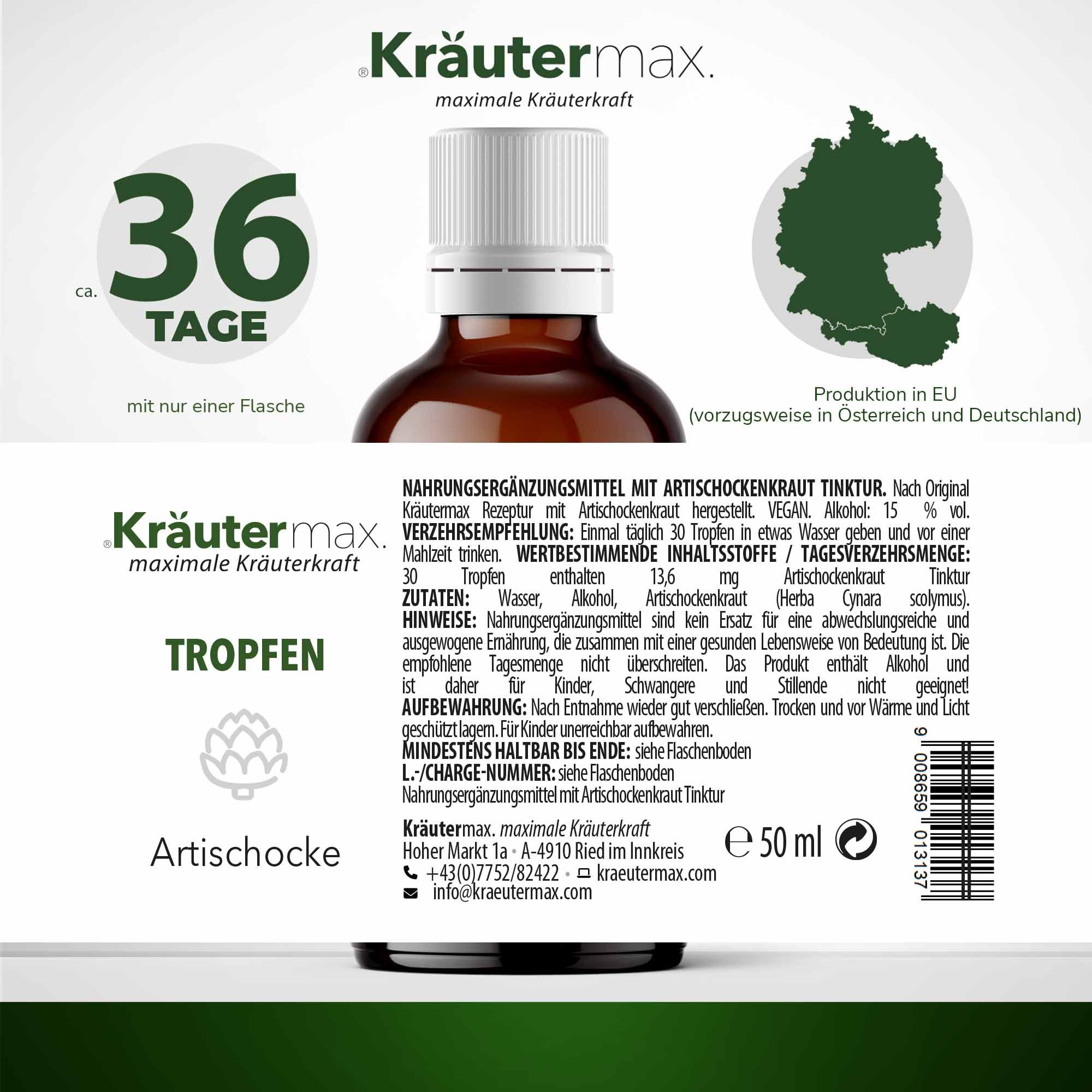 Braune Glasflasche mit Etikett. Aufschrift: Kräutermax, Tropfen, Artischocke. Text: 36 Tage, 50 ml, Inhaltsstoffe, Anwendungshinweise. Karte: Deutschland, Österreich.