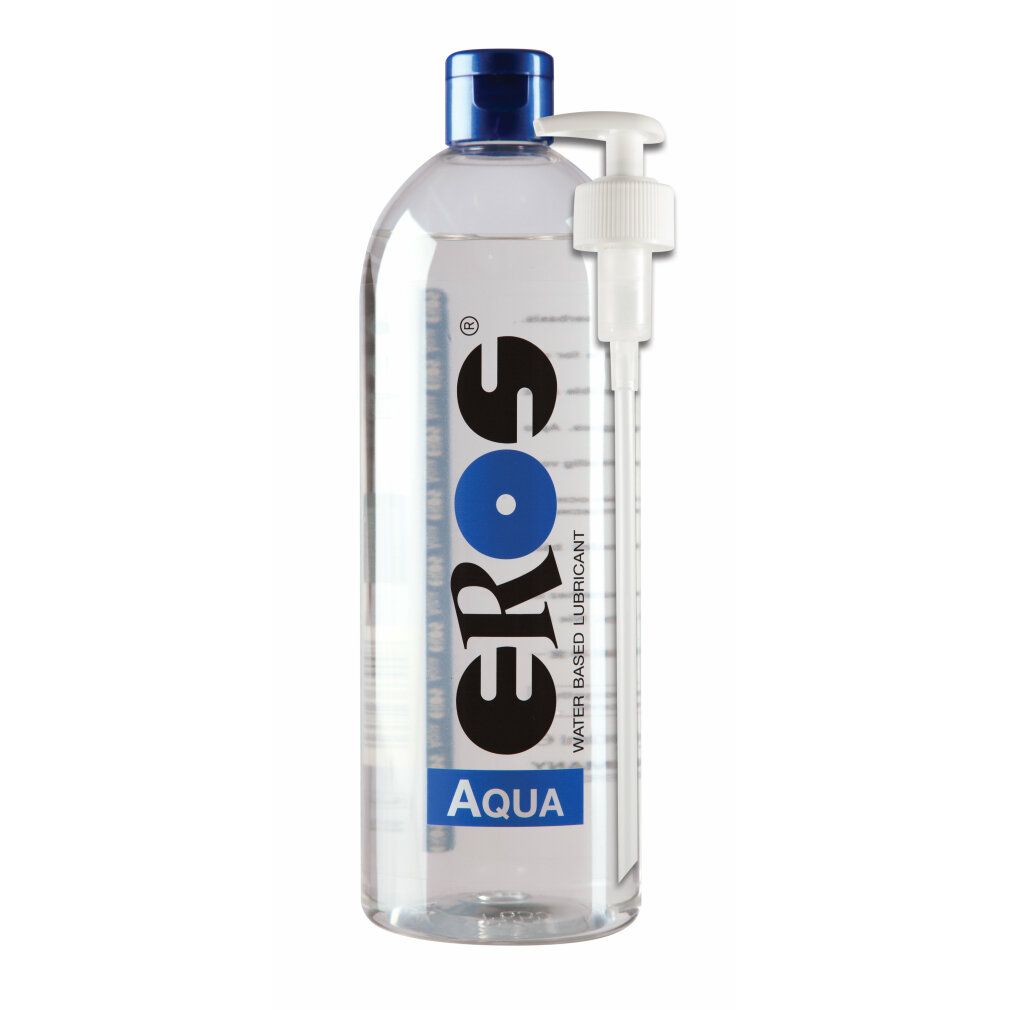 Klare Flasche mit blauem Deckel und Pumpe. Aufschrift "EROS Aqua".