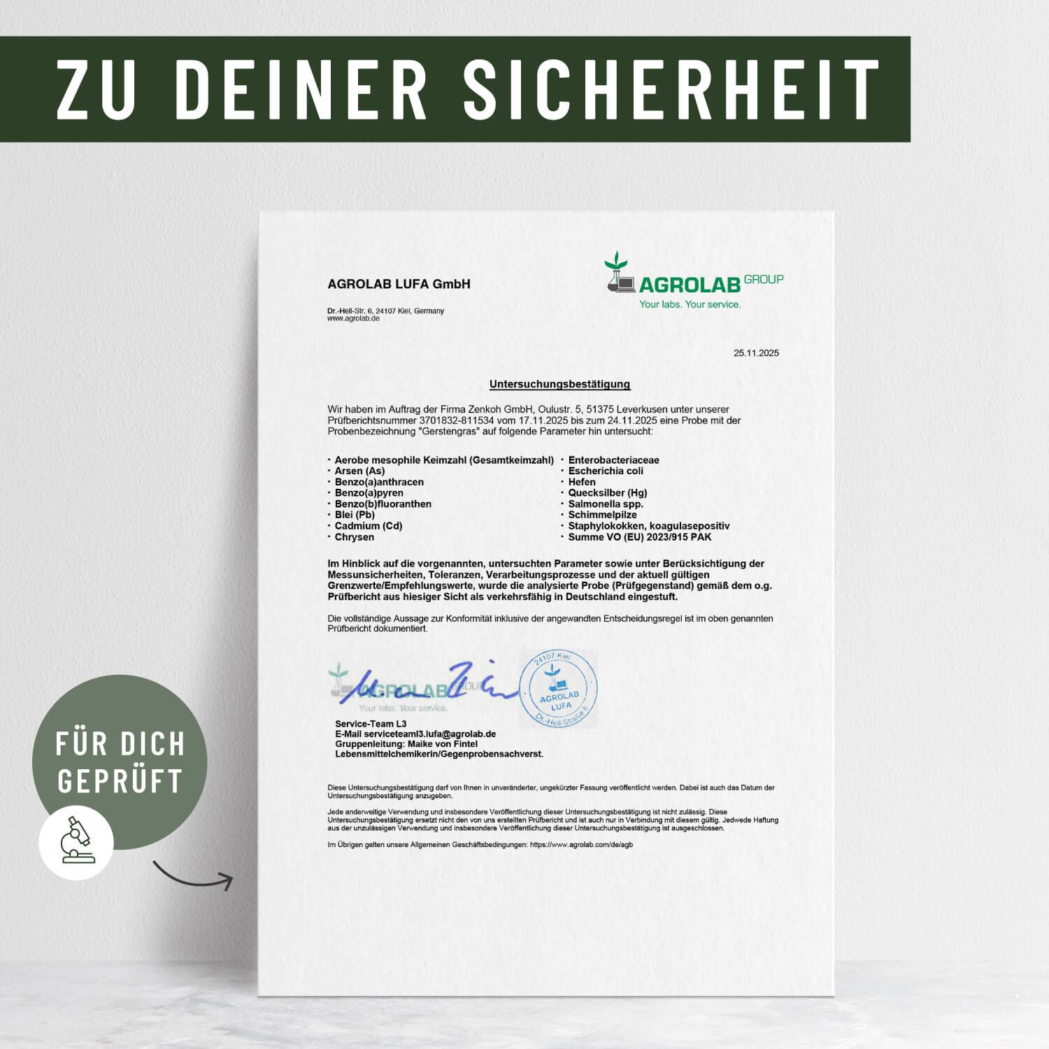 Zertifizierungsdokument von AGROLAB LUFA GmbH. Unterschrift und Stempel. Text: Untersuchungsergebnis.