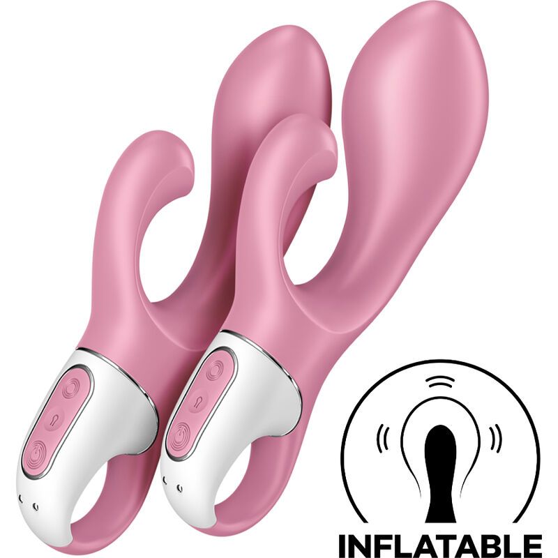 Zwei rosa Vibratoren mit gebogener Form und weißem Akzent. Ein Inflatablesymbol ist sichtbar.