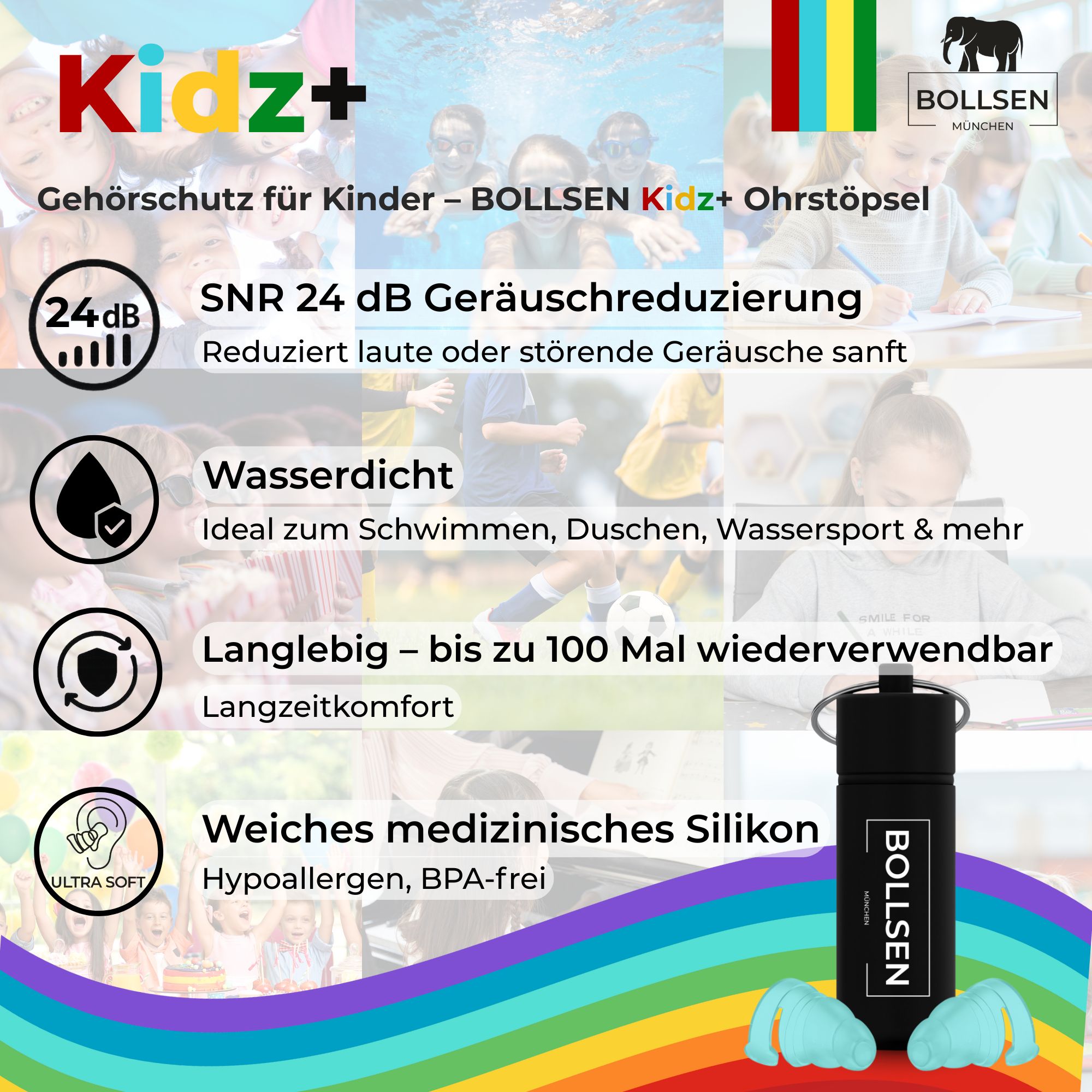 BOLLSEN Kidz+ Ohrstöpsel: SNR 24 dB, wasserdicht, 100x wiederverwendbar, weiches Silikon. Mit Etui.