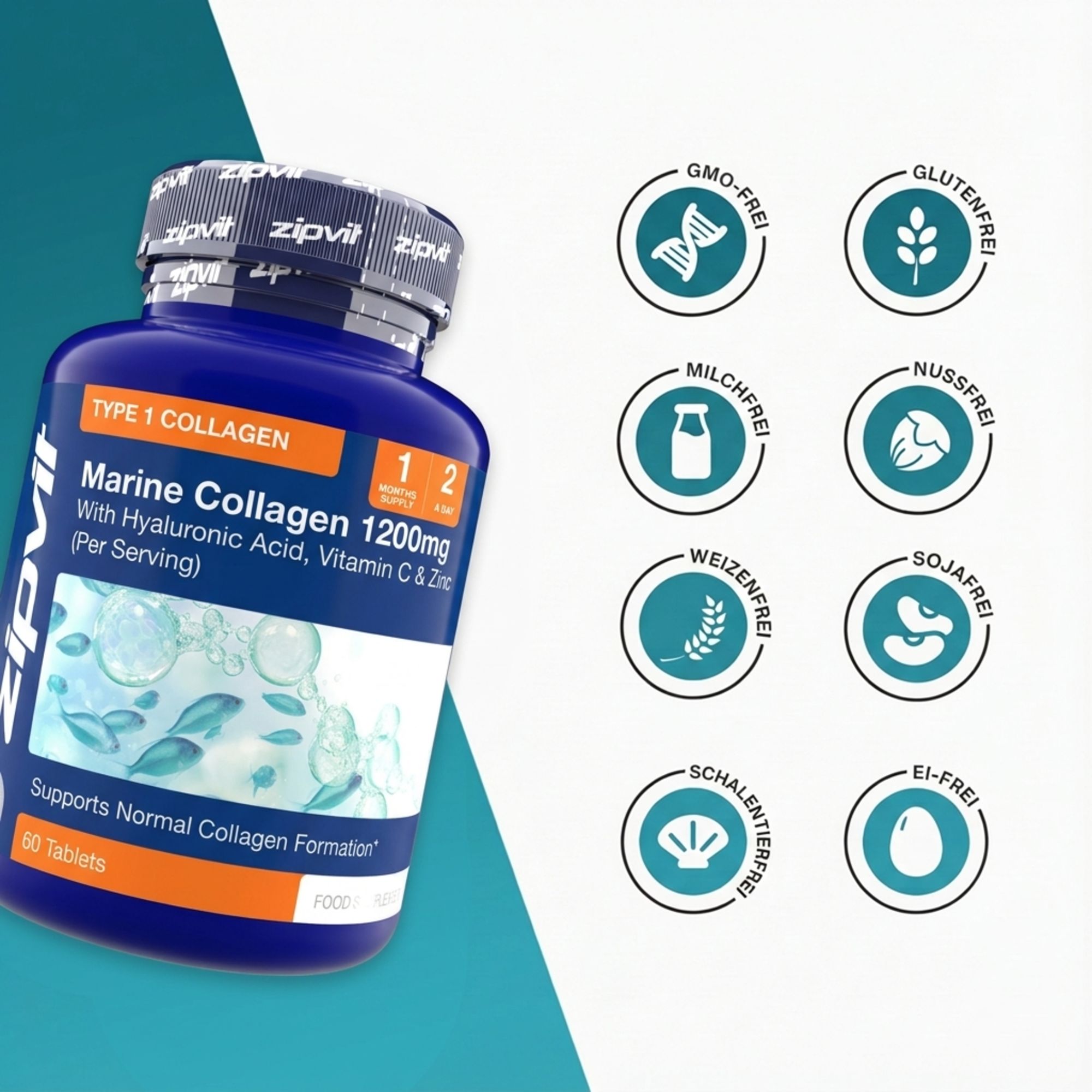 Flasche mit Tabletten. Text: Marine Collagen 1200mg. Logos: GMO-frei, glutenfrei, milchfrei, nussfrei, weizenfrei, sojafrei, schalenfrei, ei-frei.