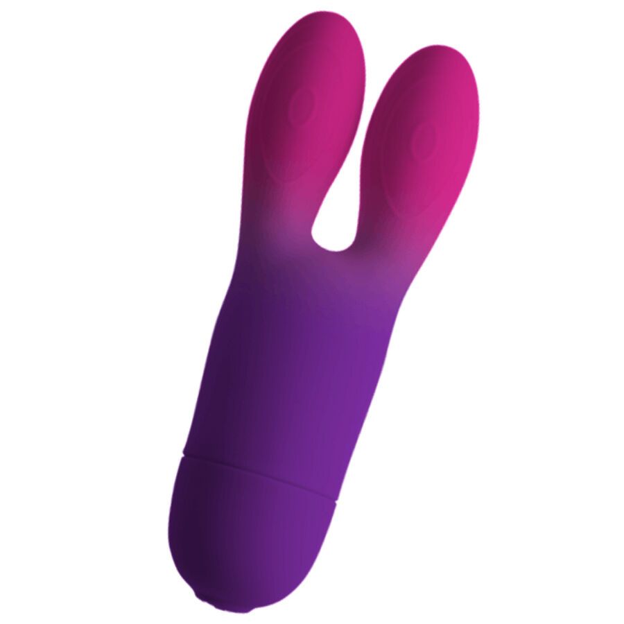 Lila Vibrator mit Hasenohren-Design. Farbverlauf von Lila zu Pink. Auf weißem Hintergrund.