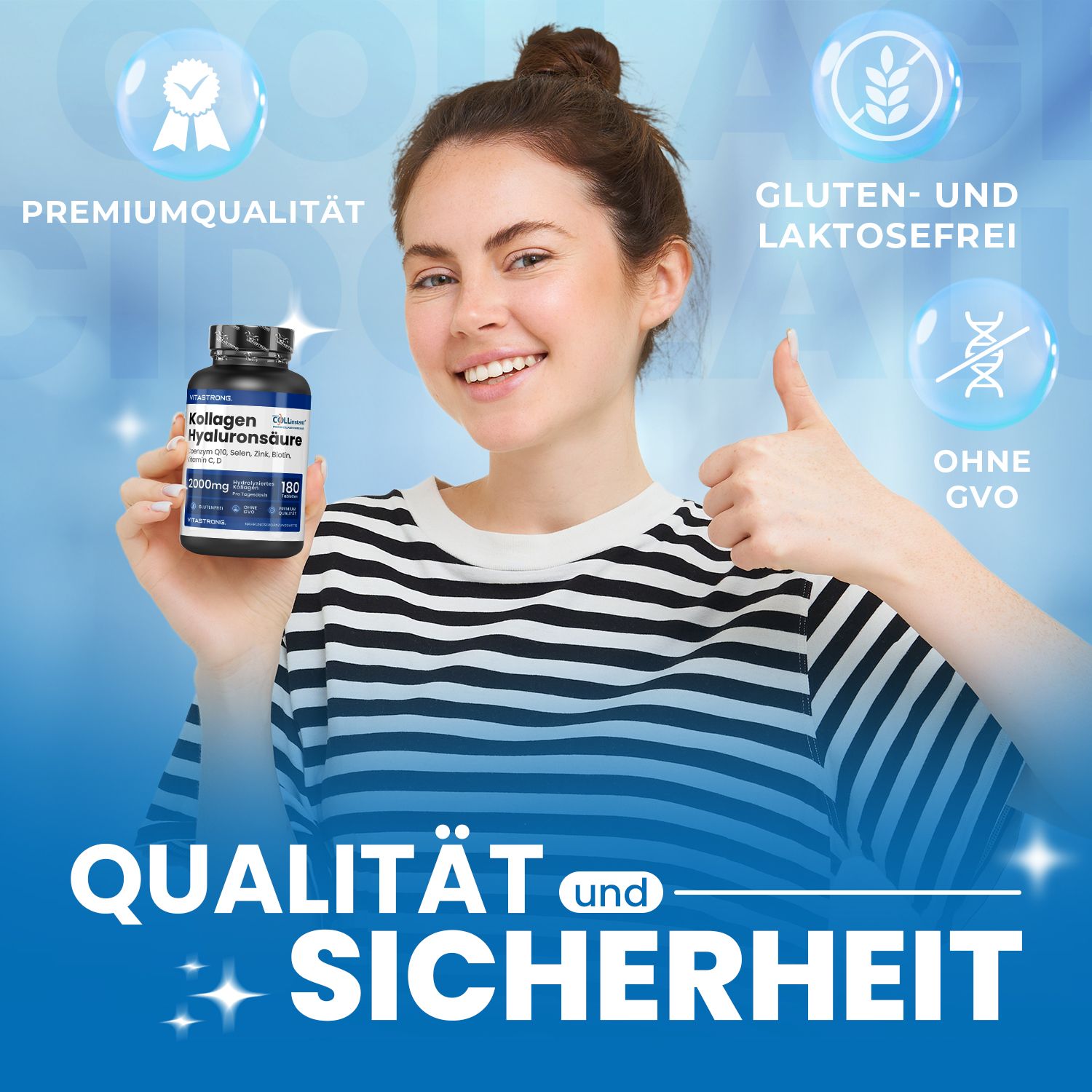 Frau mit Produktflasche. Aufschrift: Kollagen Hyaluronsäure, 2000mg, 180 Tabletten. Premium Qualität, glutenfrei, ohne GVO.