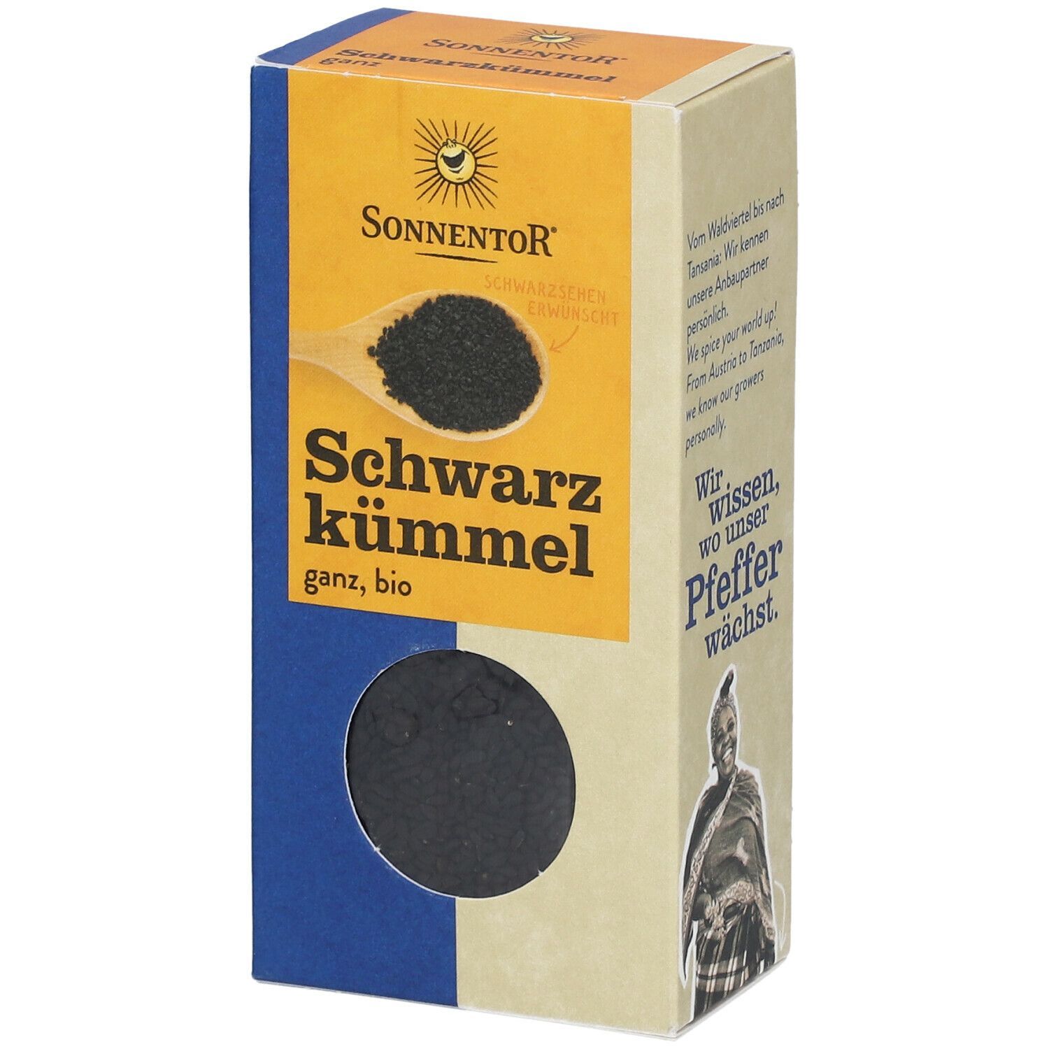Karton mit SonnentoR Schwarzkümmel bio. Sichtfenster, Schriftzug "Schwarzkümmel ganz, bio". Logo mit Sonne und Schriftzug.