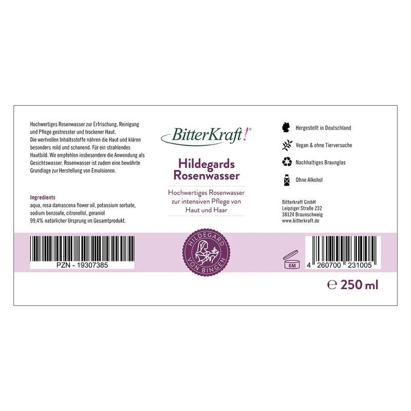 Etikett mit Produktinformationen. BitterKraft! Hildegards Rosenwasser. Inhaltsstoffe, Herstelleradresse, Zertifizierungen.