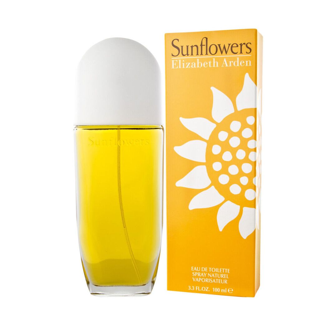 Gelbe Schachtel und Flakon. Aufschrift Sunflowers Elizabeth Arden. Flakon mit weißem Deckel. 100 ml.