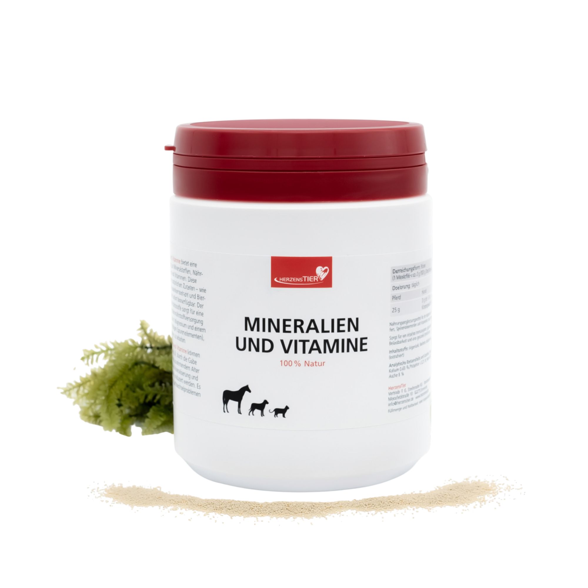 Weißer Behälter mit rotem Deckel. Aufschrift Mineralien und Vitamine. Abbildung von Pferd, Hund, Katze.