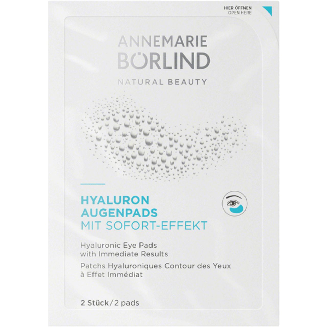 Einzelpackung Augenpads. Marke: ANNEMARIE BÖRLIND. Text: Hyaluron Augenpads mit Sofort-Effekt. 2 Pads.