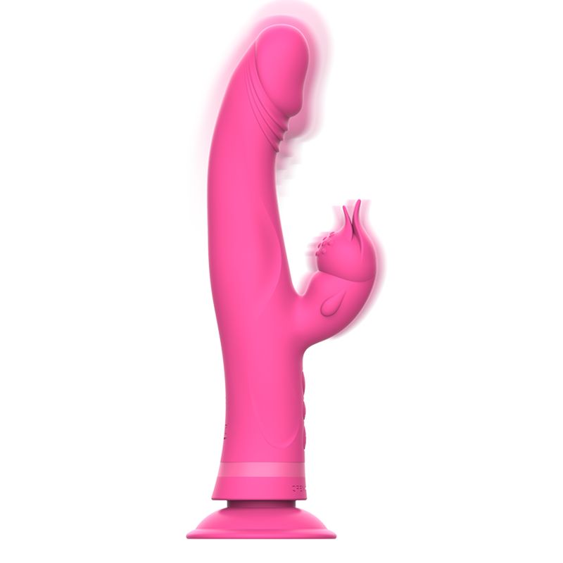 Rosa Vibrator mit gebogener Form und Hasenohren-Design. Mit Saugnapf. Auf weißem Hintergrund.