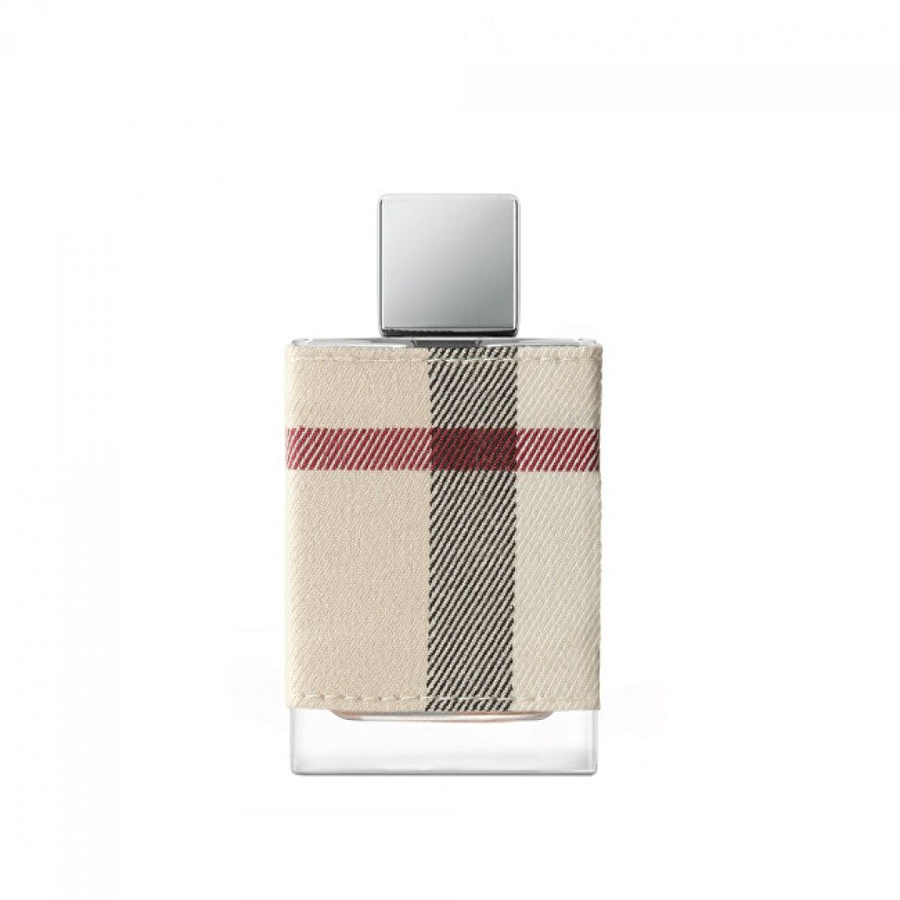 Burberry London Eau de Parfum Flakon. Quadratisch, mit Burberry-Karo-Muster. Silberner Deckel.