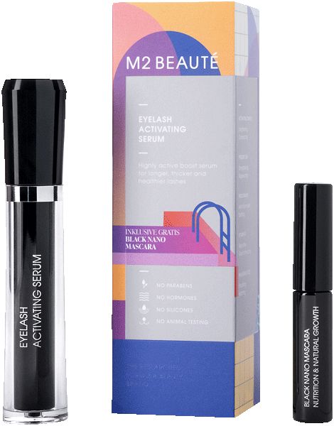 M2 Beauté Eyelash Activating Serum und Black Nano Mascara neben der Produktverpackung.
