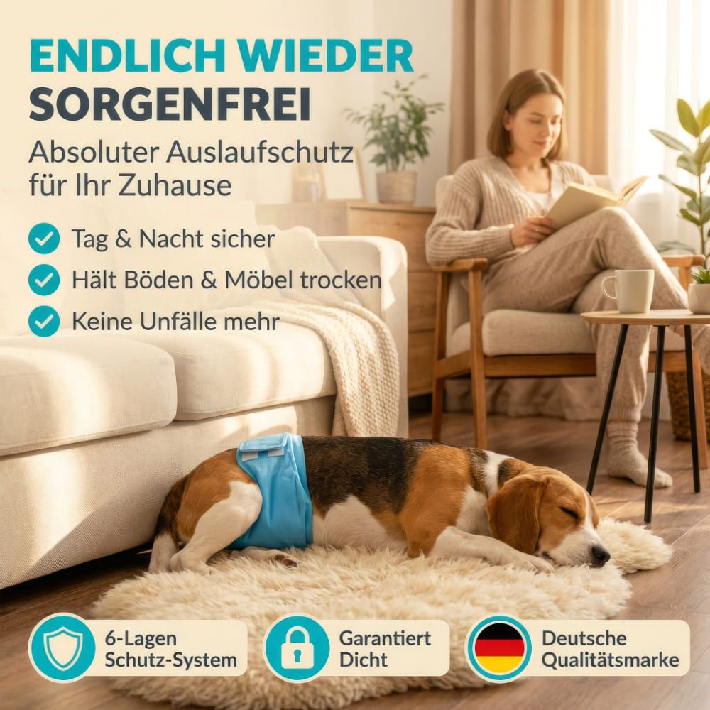 Hund mit blauer Windel liegt auf Teppich. Frau liest Buch. Text: Absoluter Auslaufschutz, Tag & Nacht sicher.