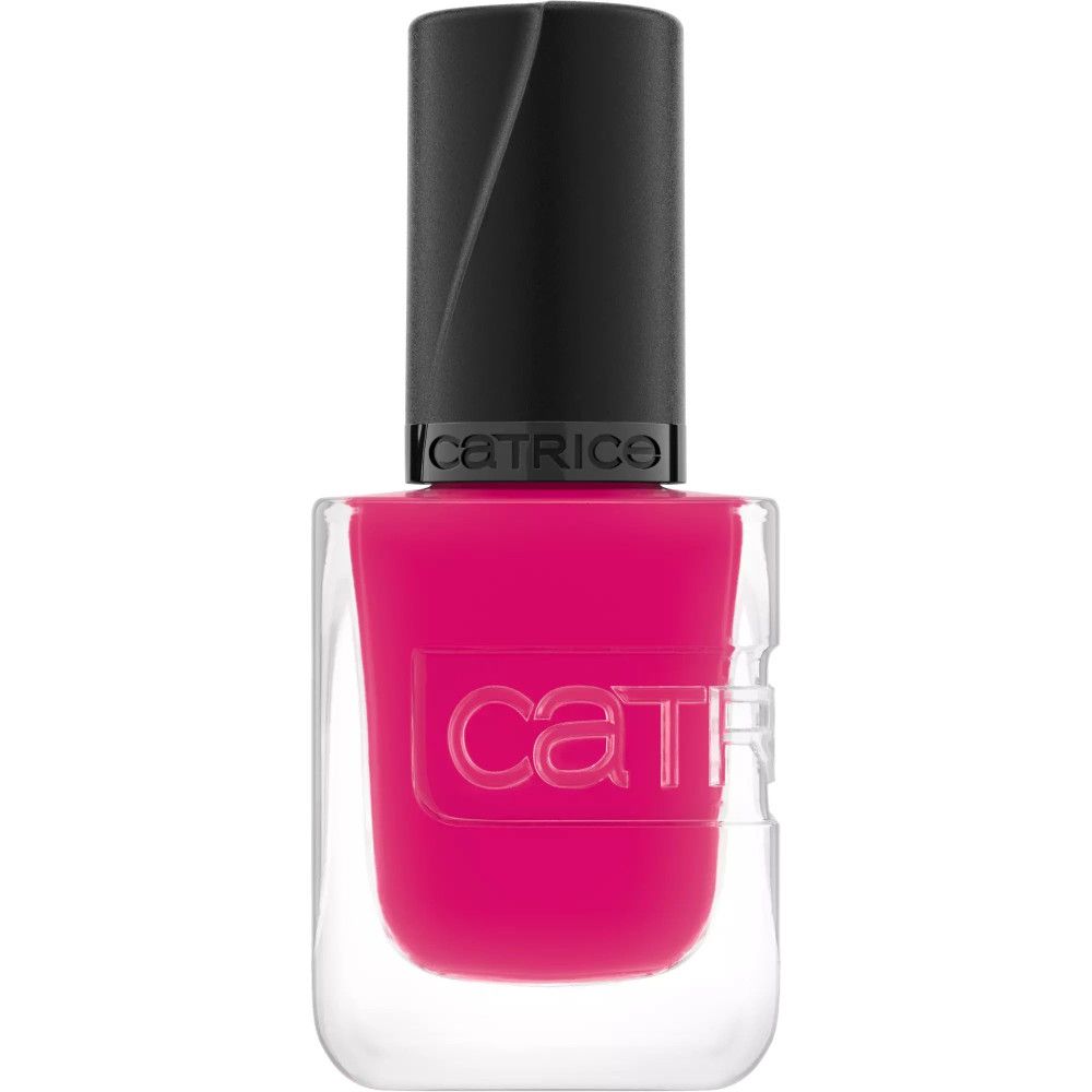 Nagellackflasche mit schwarzem Deckel. Rosa Nagellack. Auf der Flasche steht "Catrice".