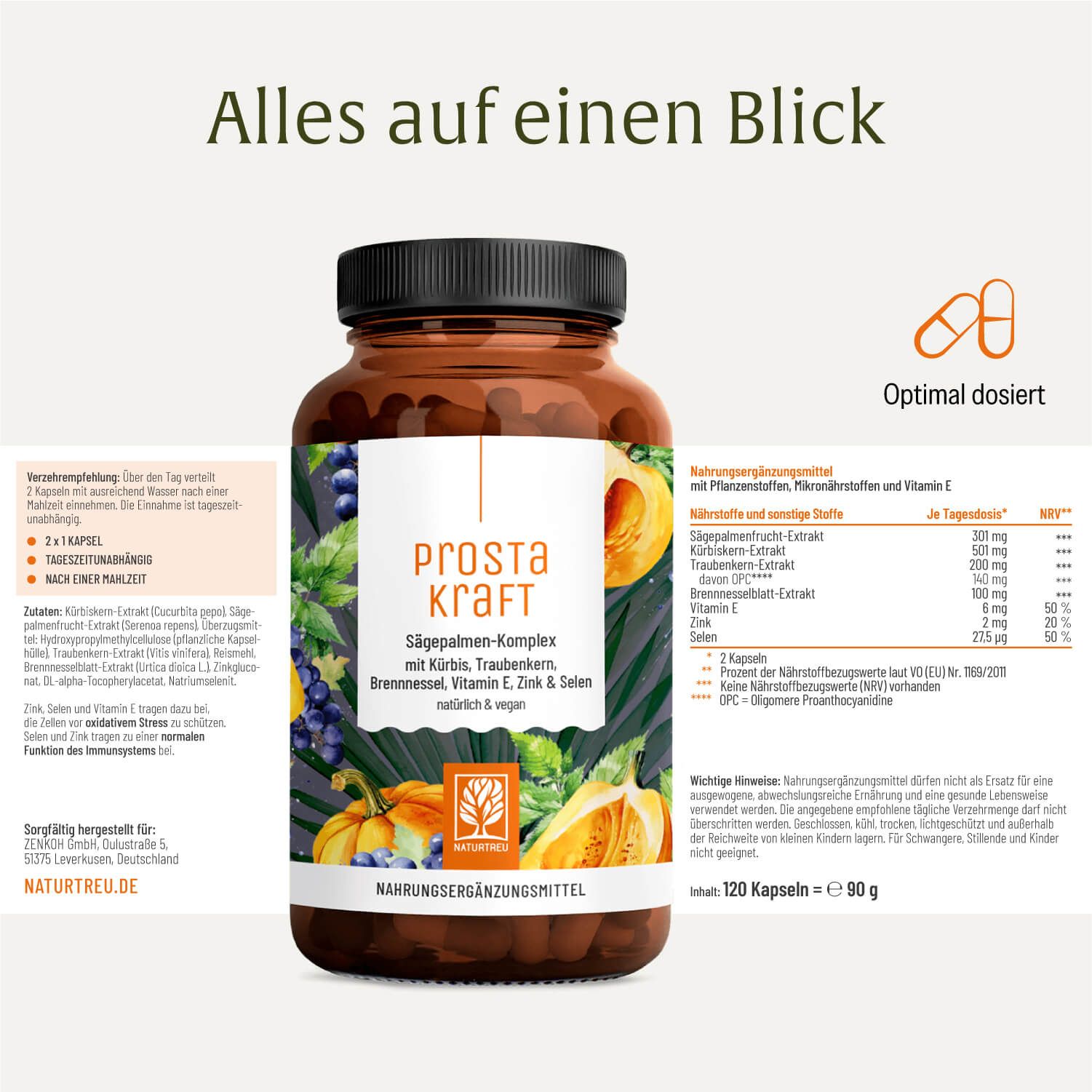 PROSTAKRAFT Flasche mit Nährwertangaben und Einnahmehinweisen. 120 Kapseln.