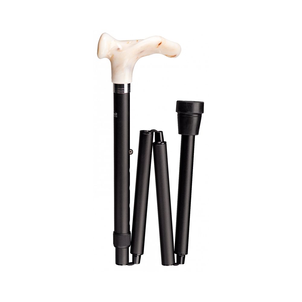 Faltbarer Gehstock mit marmoriertem Griff. Schwarzer Schaft, teilweise zusammengefaltet. Gummifuß.