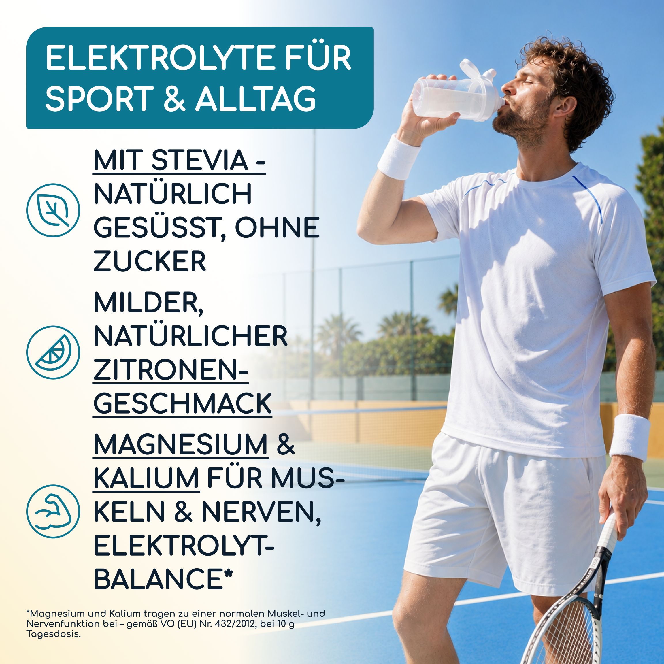 Mann trinkt aus Sportflasche, Elektrolytgetränk mit Stevia, Zitronengeschmack, Magnesium & Kalium.