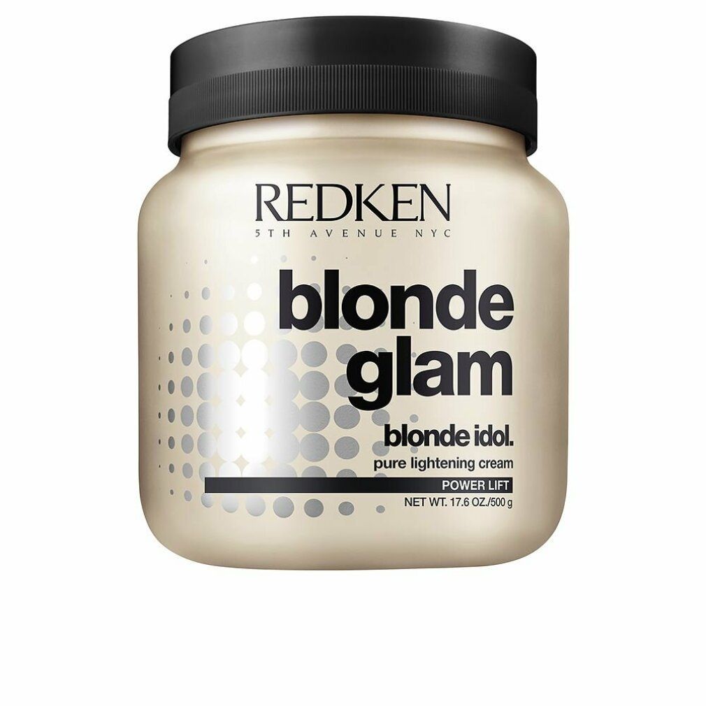 Beige Dose mit schwarzem Deckel. Aufschrift: REDKEN, blonde glam, blonde idol, pure lightening cream, Power Lift. Gewicht: 17.6 OZ/500g.