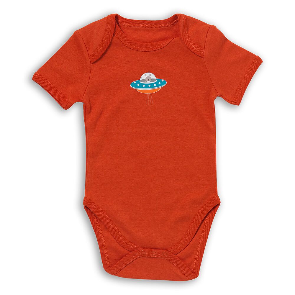Oranger Baby-Body mit kurzem Arm. Aufdruck eines Ufos. Baumwolle.