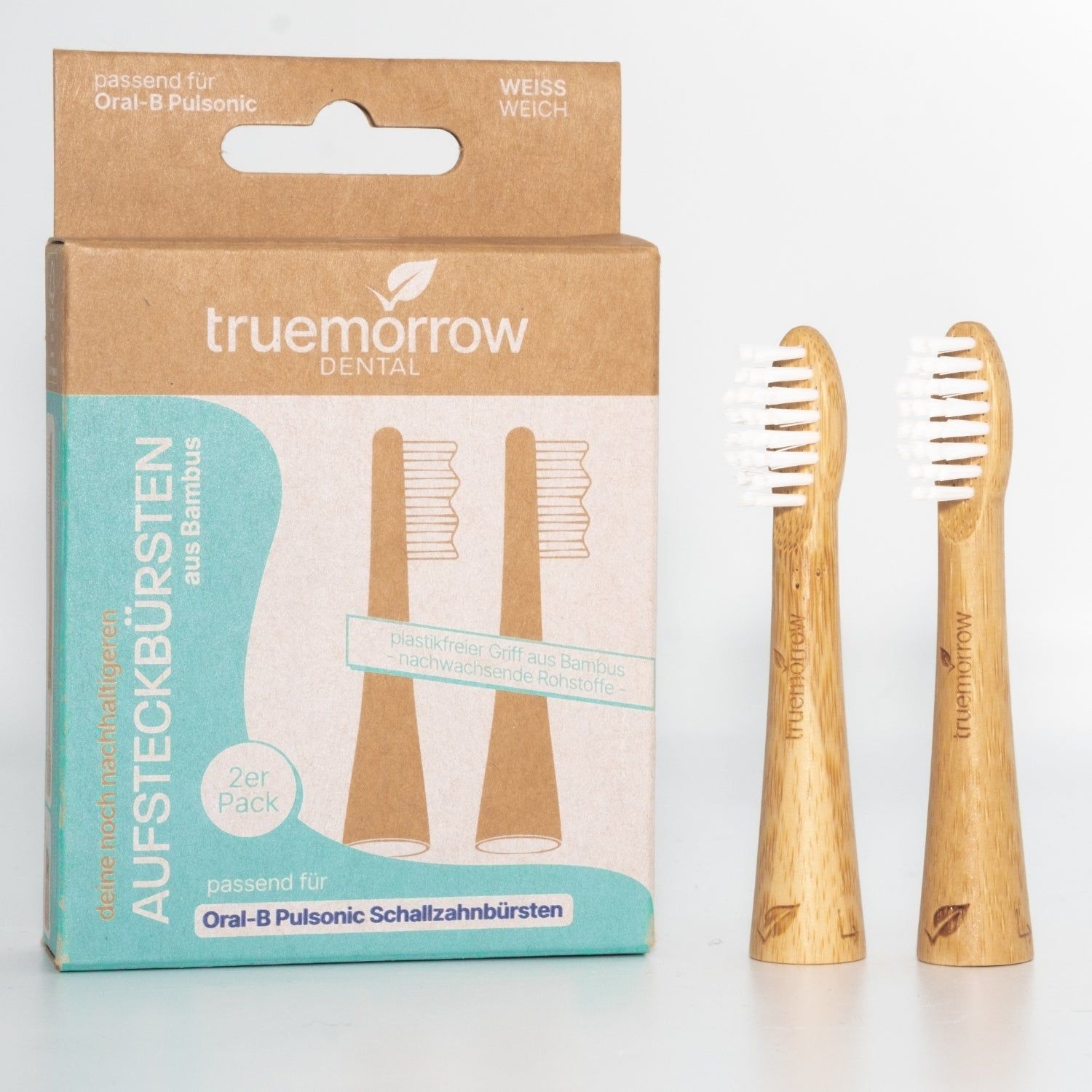 truemorrow Aufsteckbürsten aus Bambus für Oral-B Pulsonic (2er Pack), Weiss-Weich