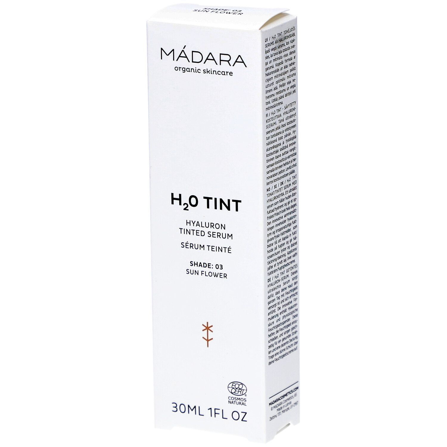 Weiße Verpackung mit Produktinformationen. Schriftzug: MÁDARA, H2O TINT, Hyaluron Tinted Serum, Shade: 03 Sun Flower. 30ml 1FL OZ.