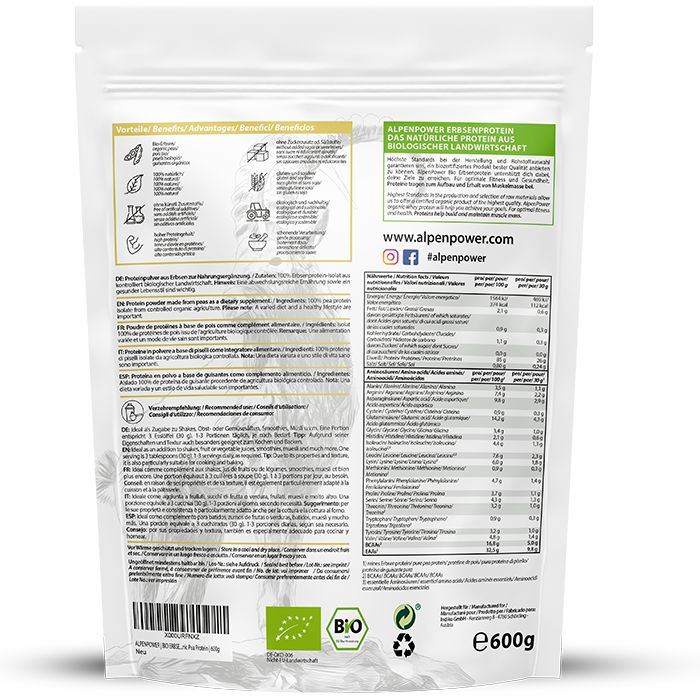 AlpenPower Bio Erbsenprotein 600 g Pulver