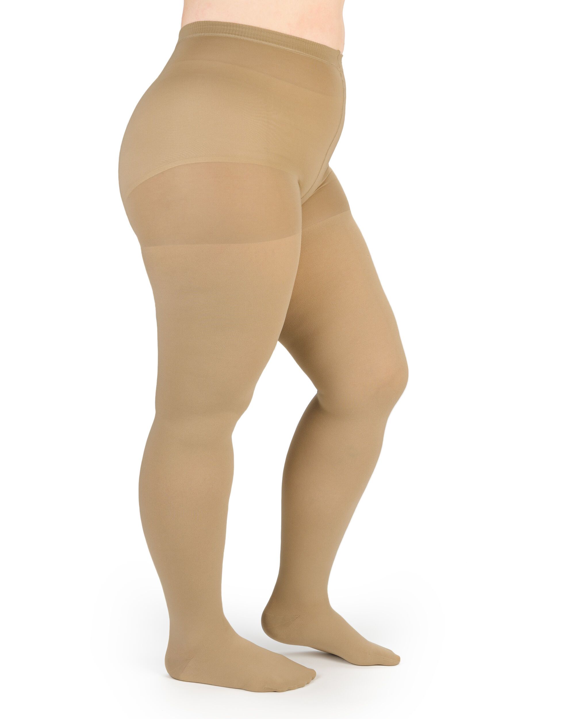 Hautfarbene Kompressionsstrumpfhose. Seitliche Ansicht. Material: blickdicht im Beinbereich, transparent im Fußbereich.