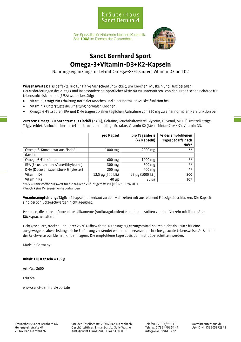 Sanct Bernhard Sport Omega-3+Vitamin-D3+K2-Kapseln