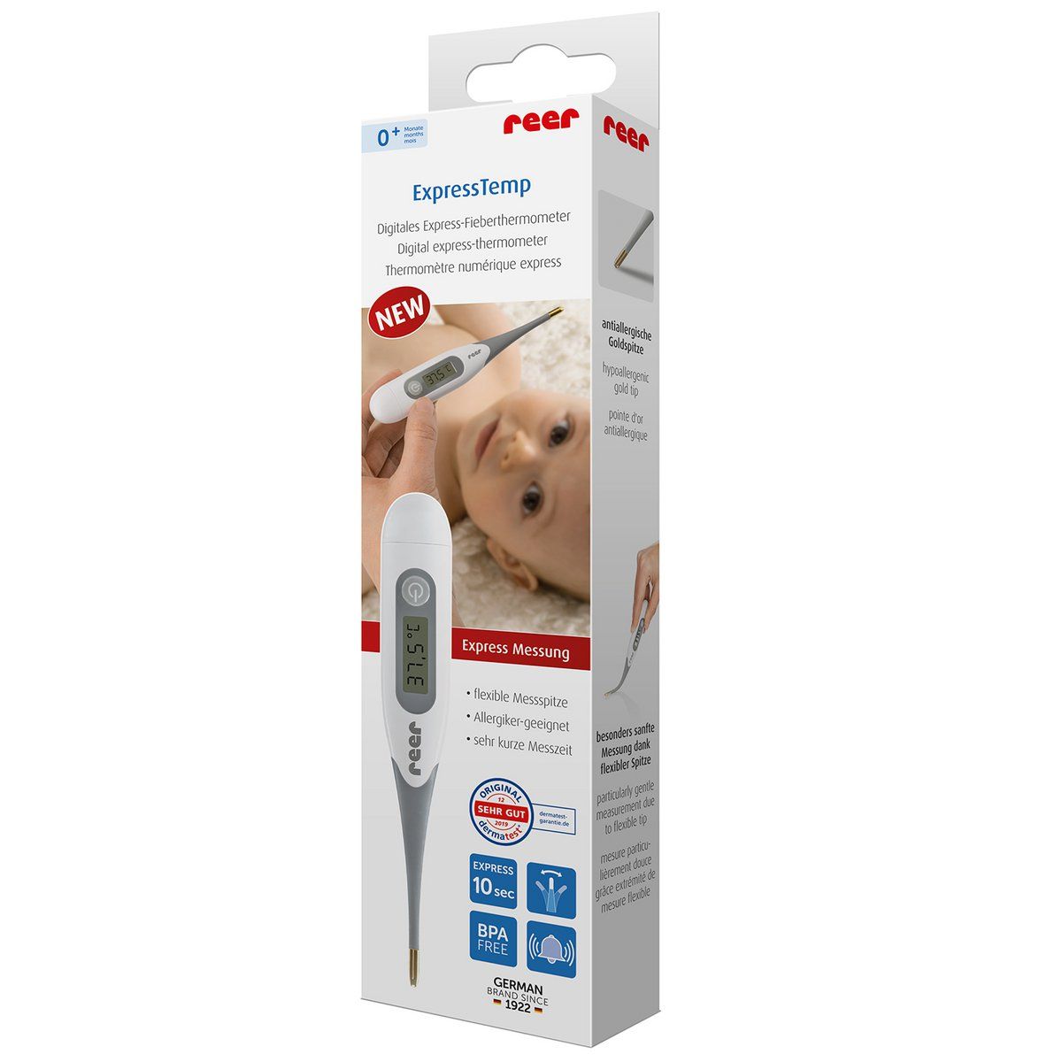 Verpackung des digitalen Fieberthermometers. Produktname: ExpressTemp. Marke: reer. Enthält ein Bild eines Babys und des Thermometers.