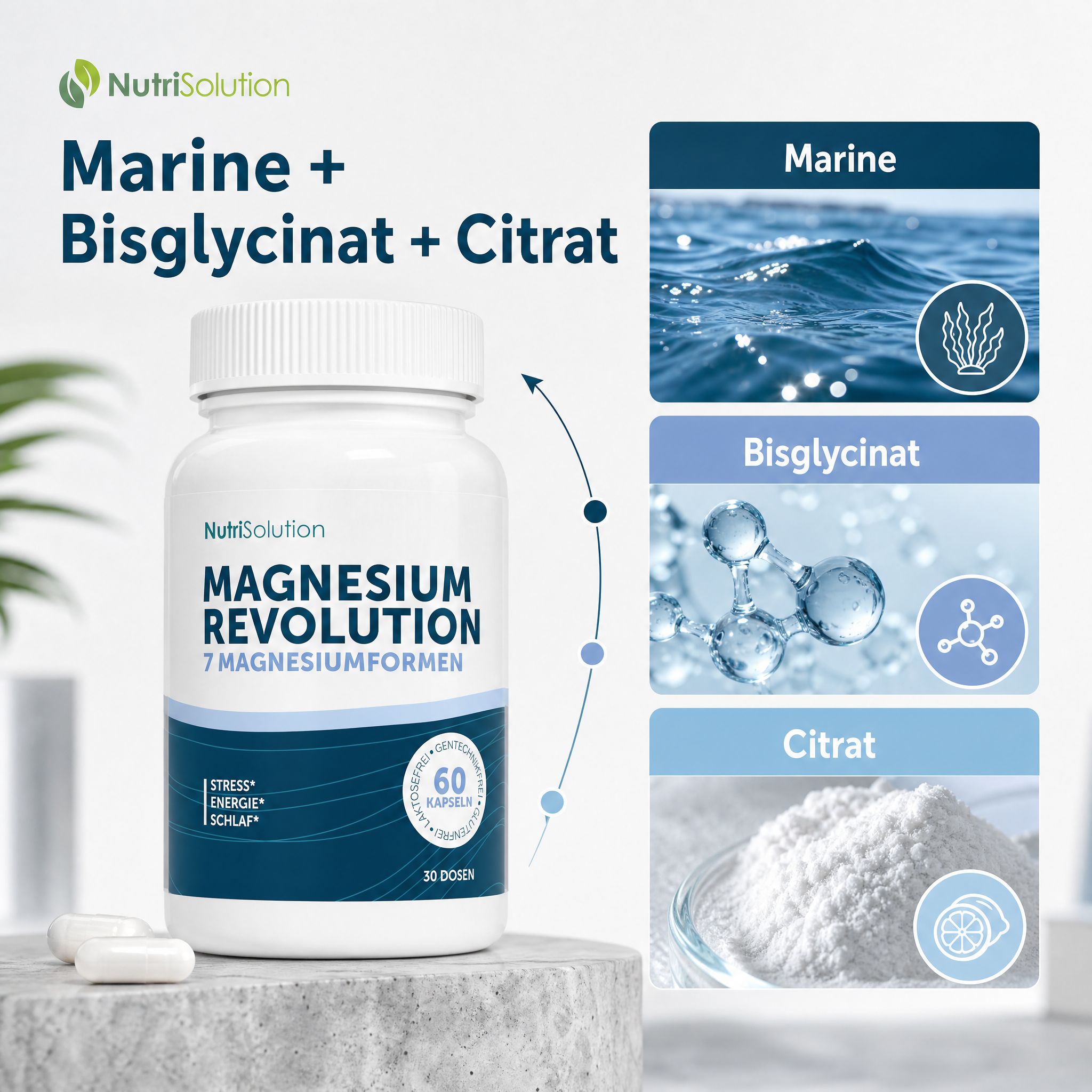 NutriSolution Magnesium Revolution: Marine, Bisglycinat, Citrat. 60 Kapseln.