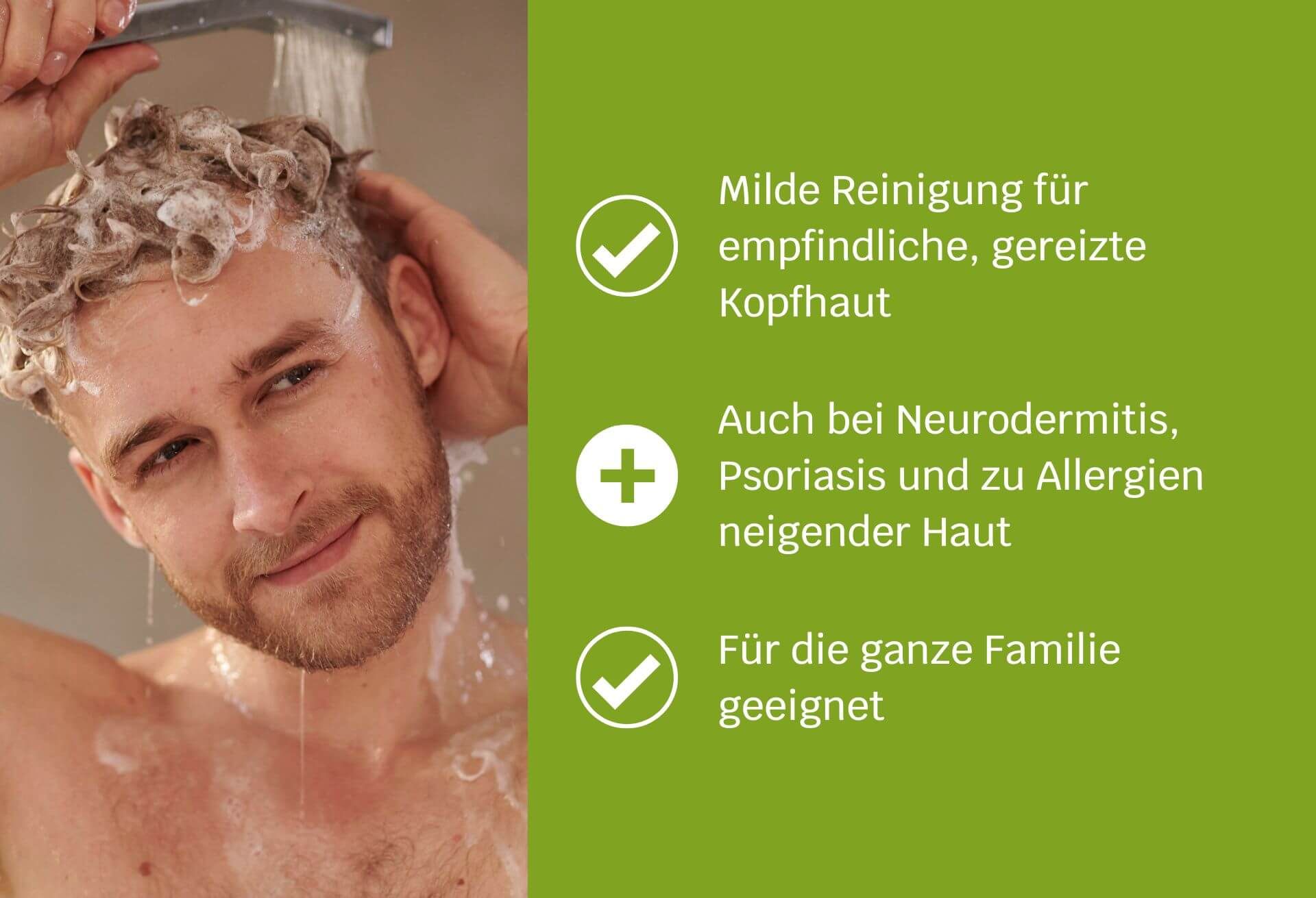 Weiße Flasche mit grünem Deckel. Aufschrift: Siri Derma Hair Pflege Shampoo. Ohne Duftstoffe. 250 ml.