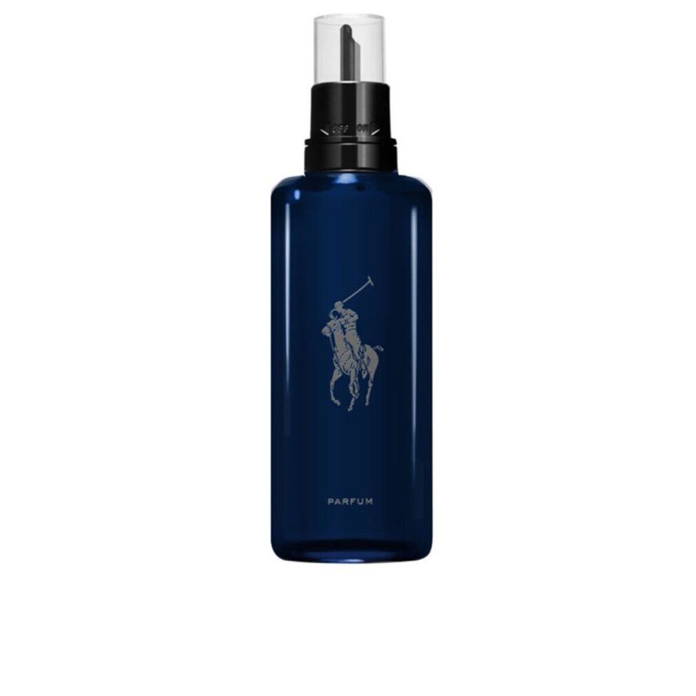Blaues Parfumflakon mit schwarzem Verschluss und Sprühkopf. Logo eines Polospielers. Aufschrift: Parfum.