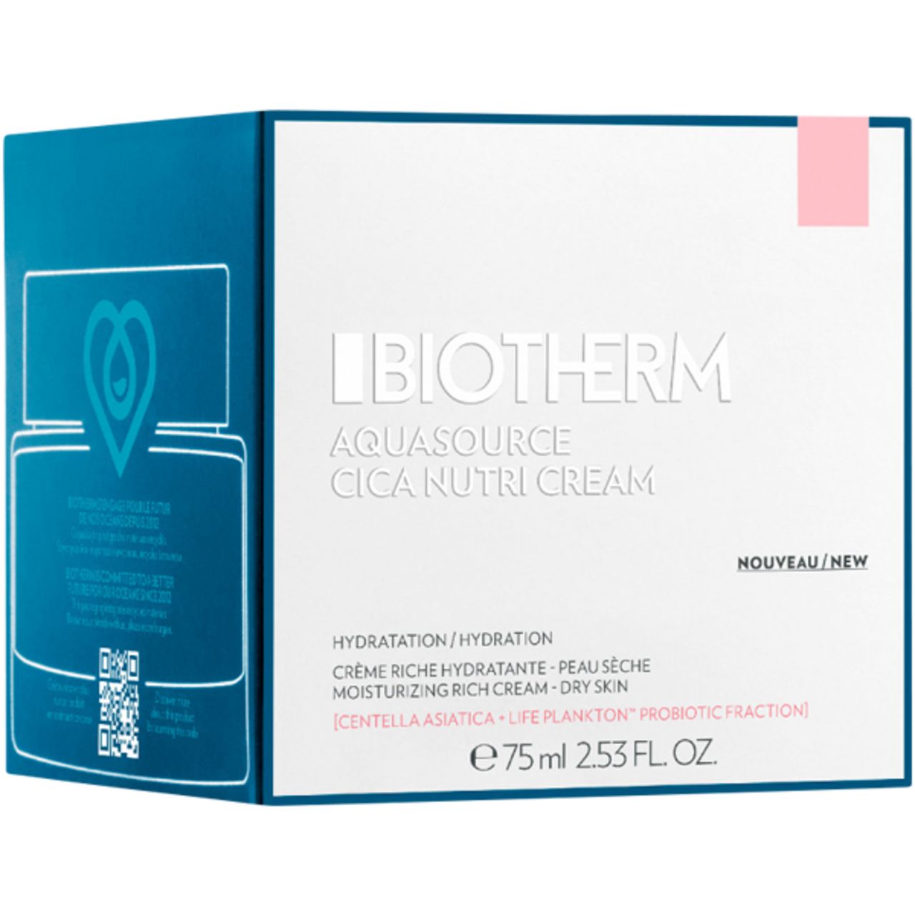 Verpackung. Aufschrift: BIOTHERM, Aquasource Cica Nutri Cream. Text: Hydratation / Hydration, Crème riche hydratante.