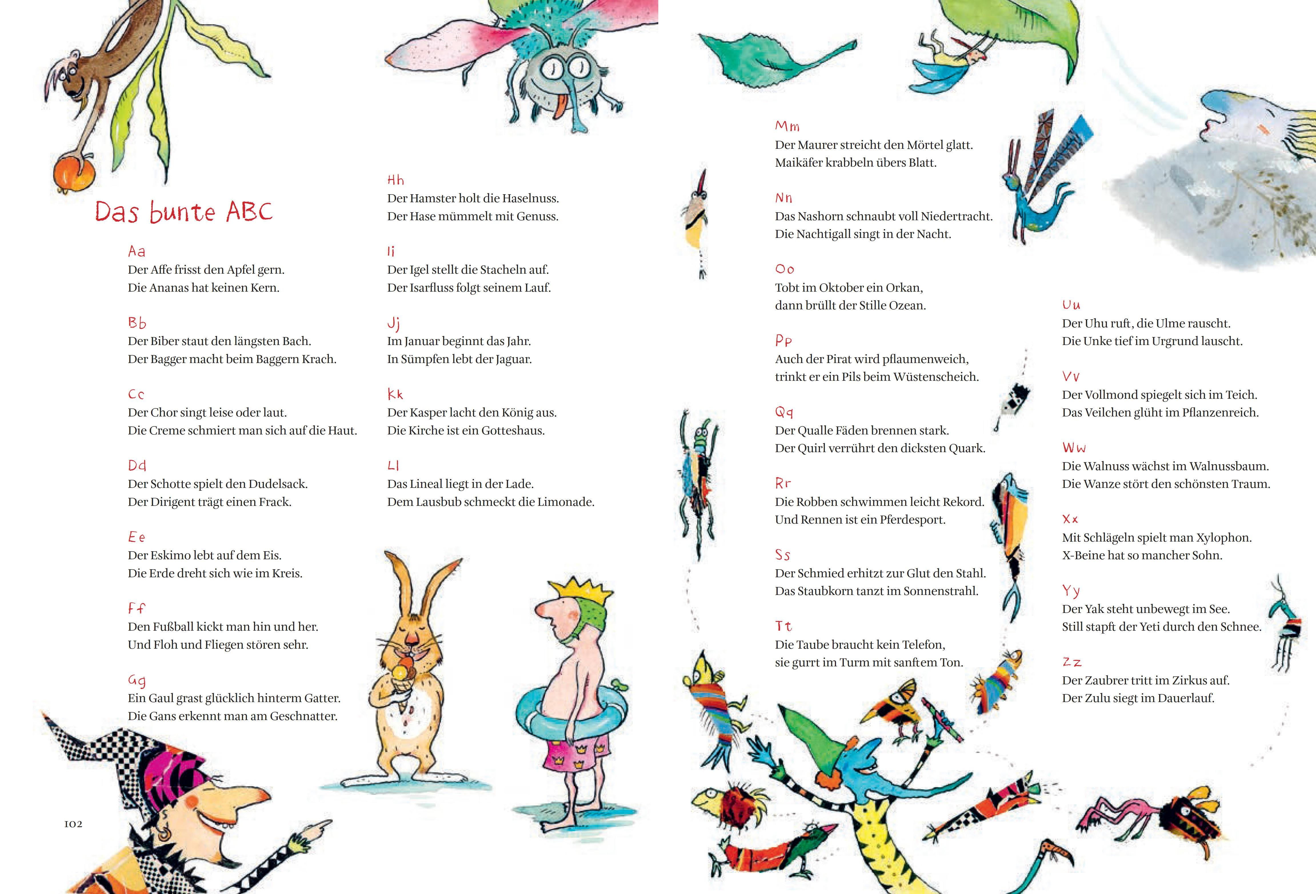Buchseite mit Illustrationen. ABC-Illustrationen mit Figuren und Objekten. Text in deutscher Sprache.