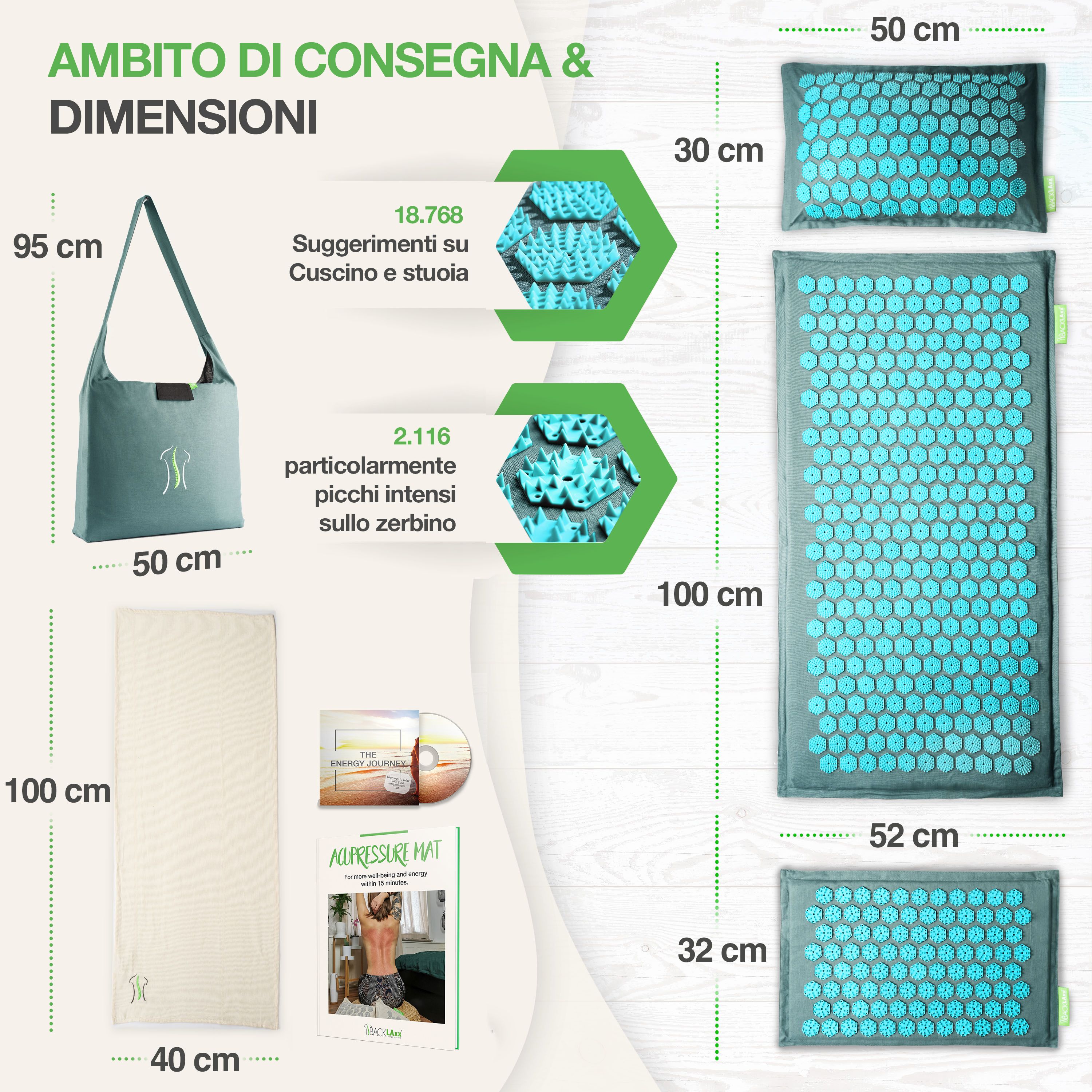 Set tappetino per digitopressione con tappetino, cuscino, tappetino per i piedi. Dimensioni: tappetino 100x50cm, cuscino 30x50cm, tappetino per i piedi 32x52cm. Borsa.