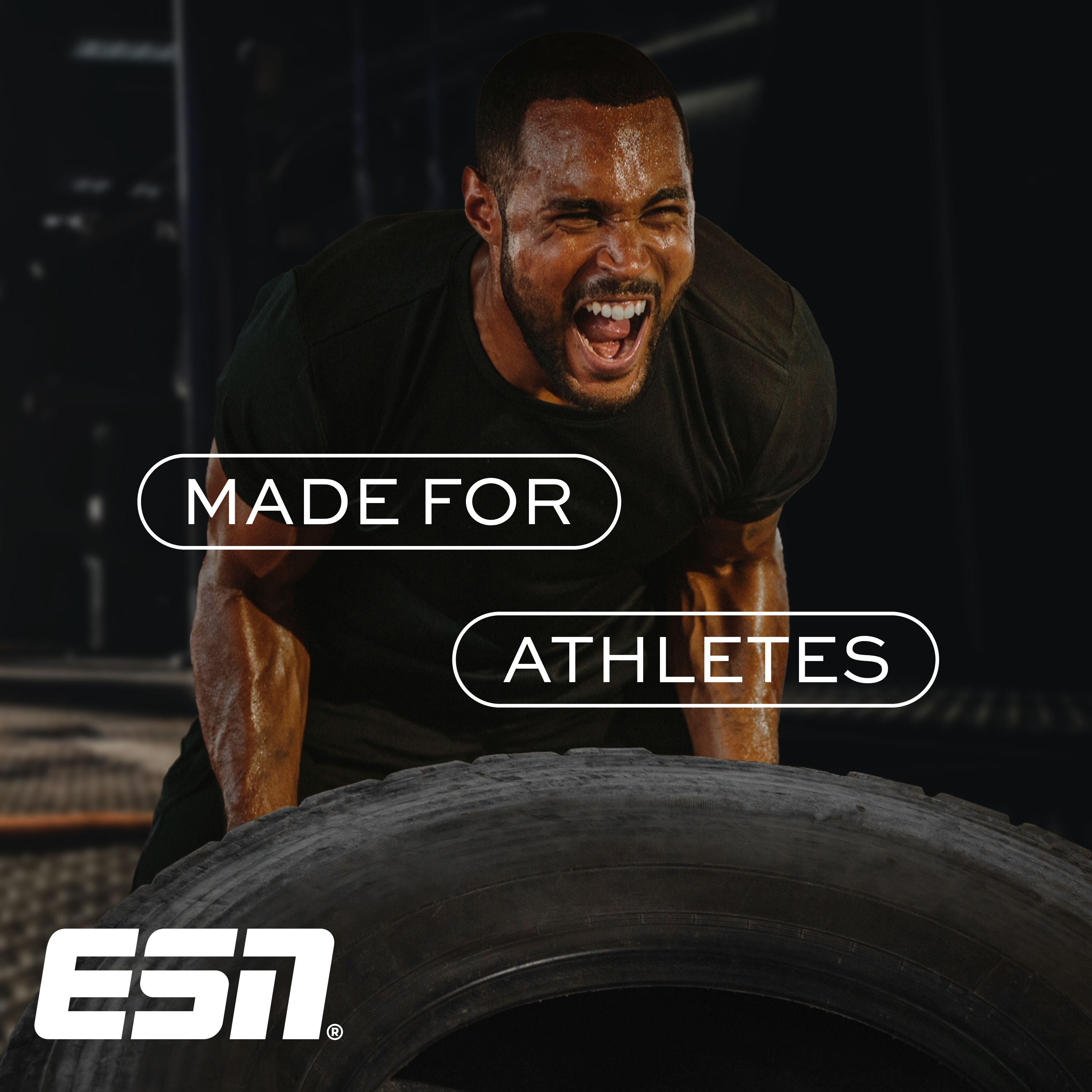 Mann beim Gewichtheben. Text: Made for Athletes. ESN-Logo.