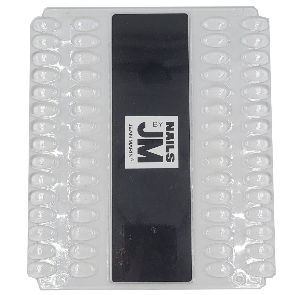 Nagellack-Farbkarte mit transparenten Nagelspitzen. Schwarzer Mittelteil mit "JM BY NAILS"-Logo. Jean Marin.