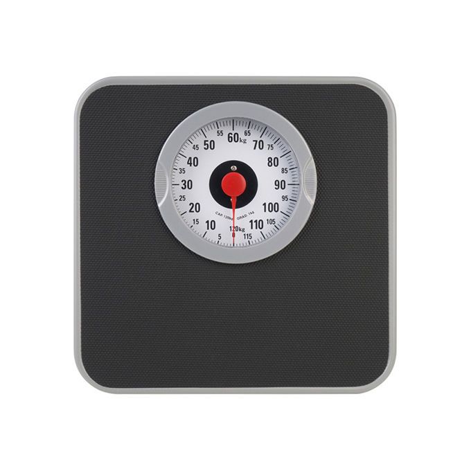 Bilancia meccanica nera e argento. Quadrante rotondo con indicazione del peso in kg. Cornice argentata. Capacità 120 kg.