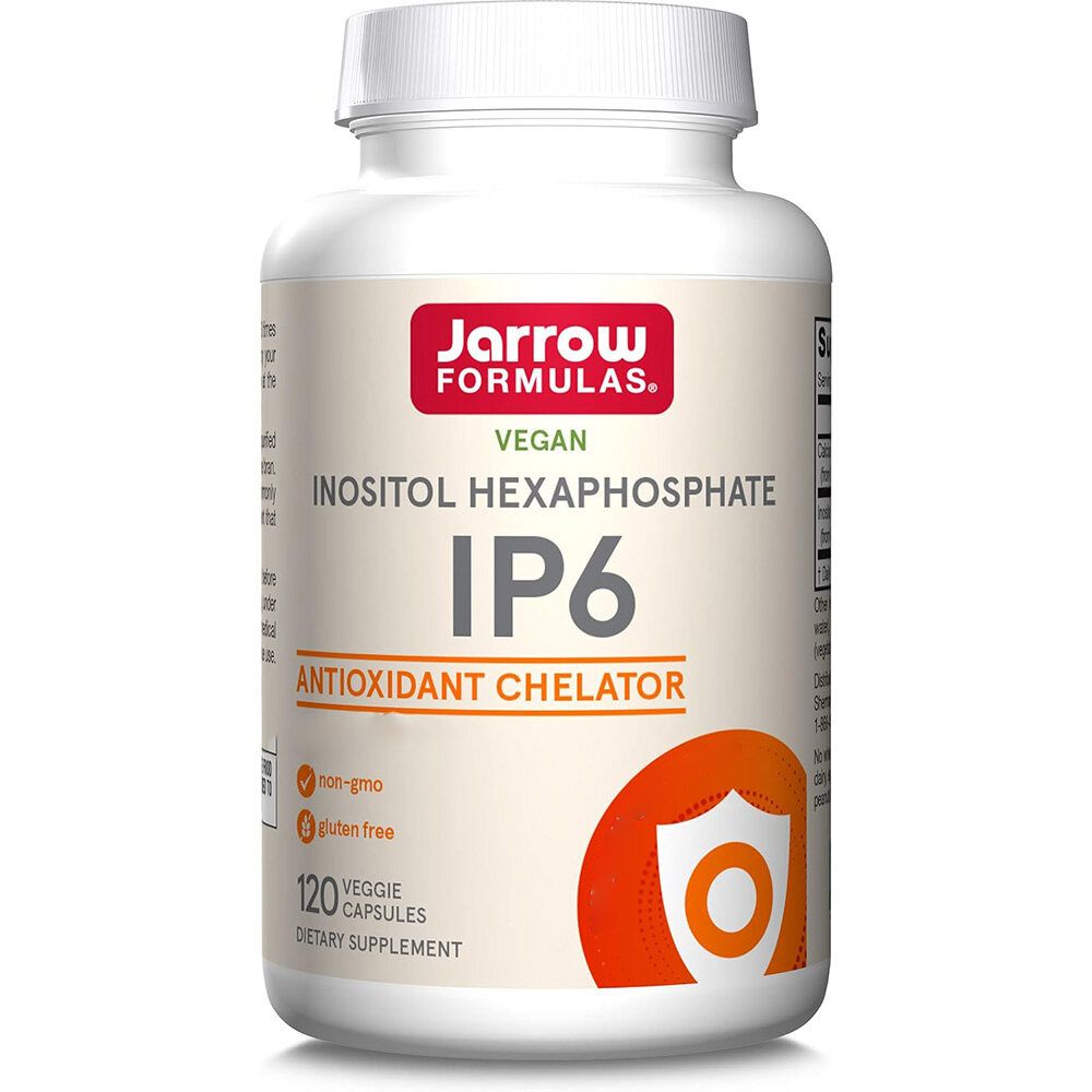 Weiße Flasche mit Jarrow Formulas IP6. Aufschrift: Vegan, Inositol Hexaphosphat, IP6, Antioxidant Chelator. 120 Kapseln.