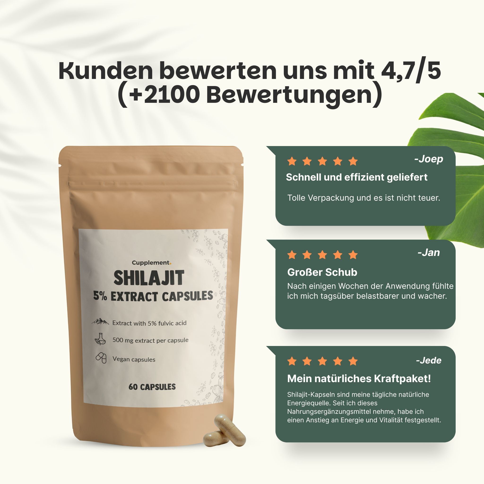 Beutel mit Shilajit Extrakt Kapseln. Text: Kunden bewerten uns mit 4,7/5 (+2100 Bewertungen).