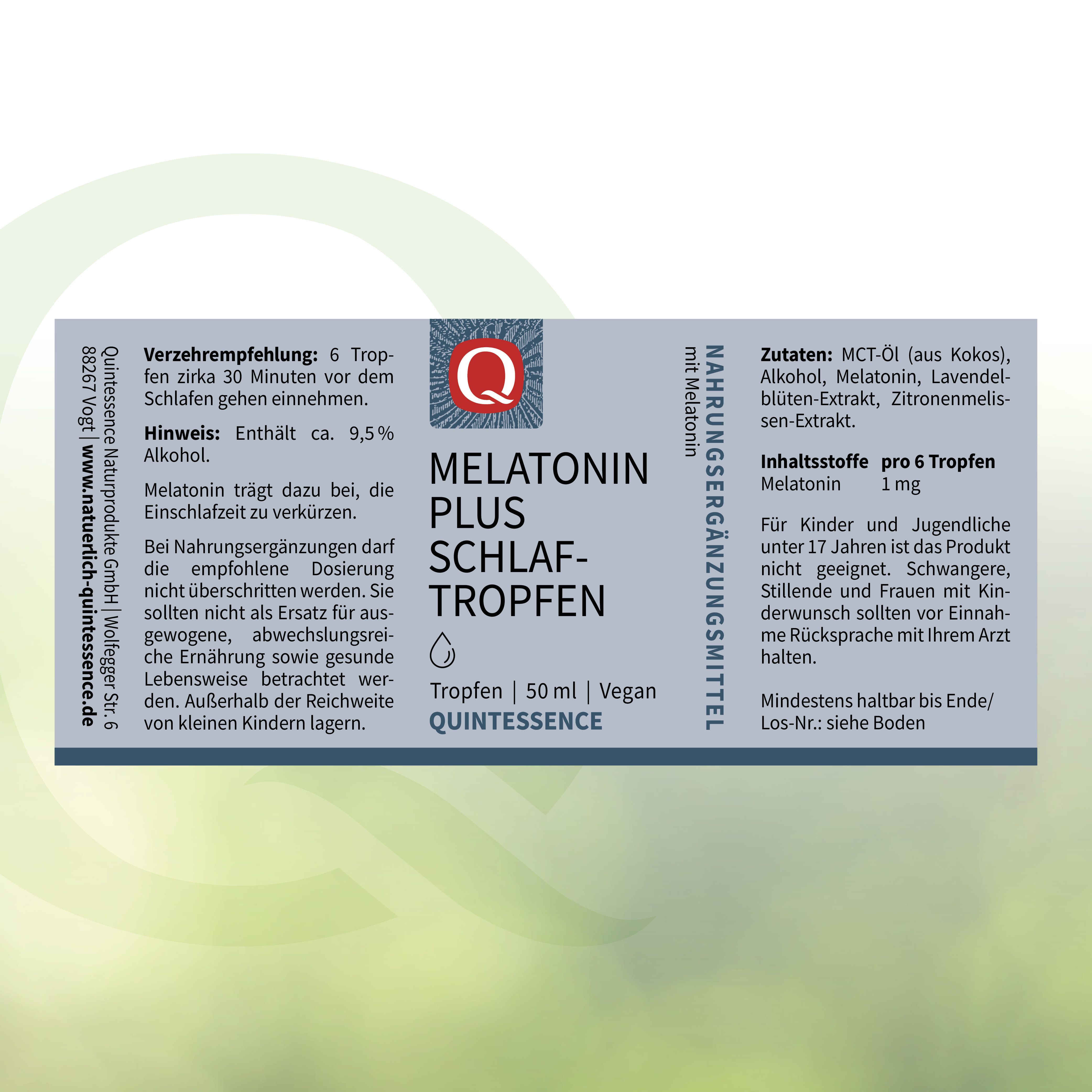 Etikett mit Produktinformationen. Text: Melatonin Plus Schlaf-Tropfen, Quintessence. Zutaten, Dosierung, Hinweise. Nahrungsergänzungsmittel.
