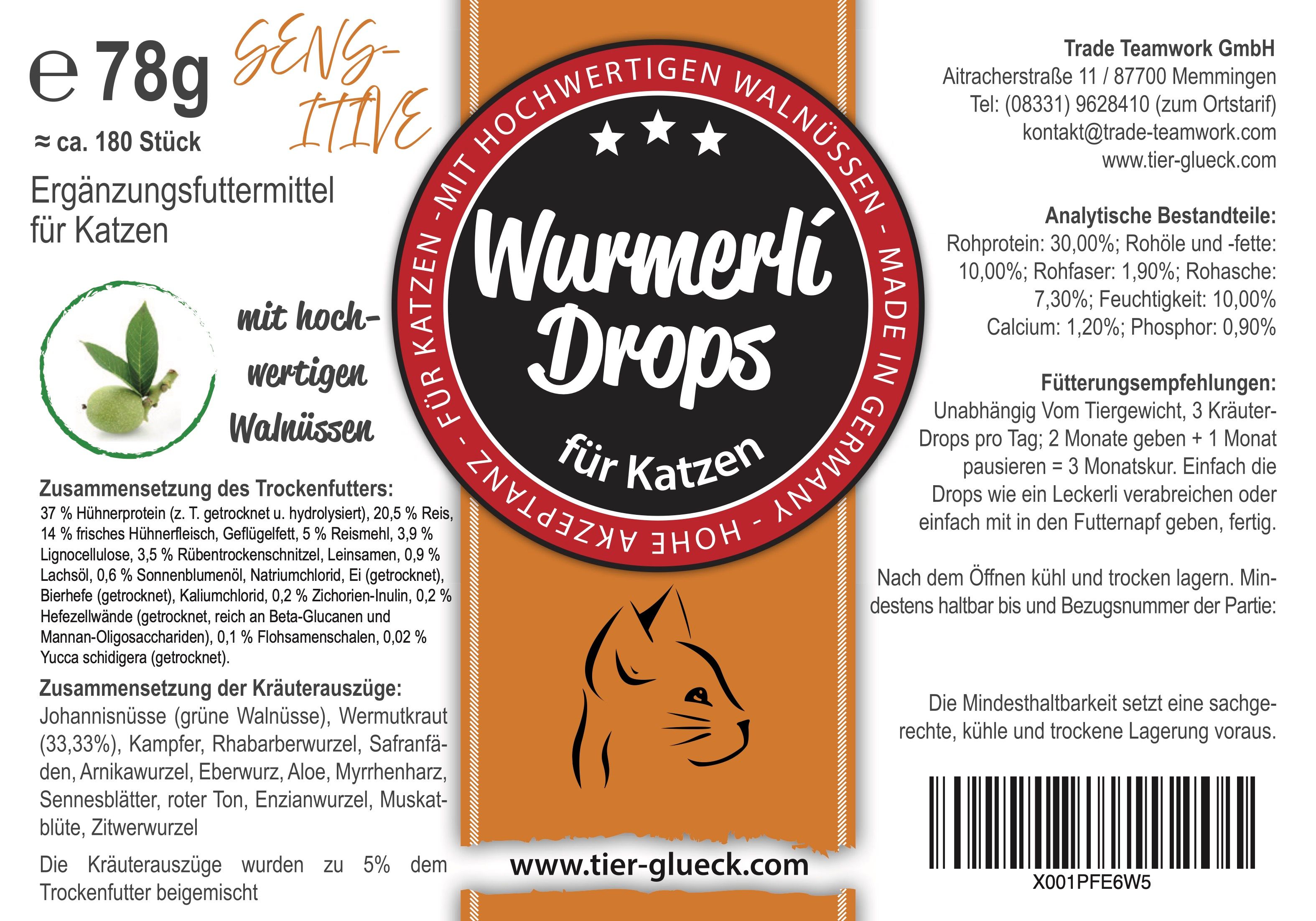 Nahaufnahme des Etiketts einer Katzen-Leckerli-Packung. Produktname, Inhaltsstoffe und Nährwertangaben sind deutlich sichtbar.